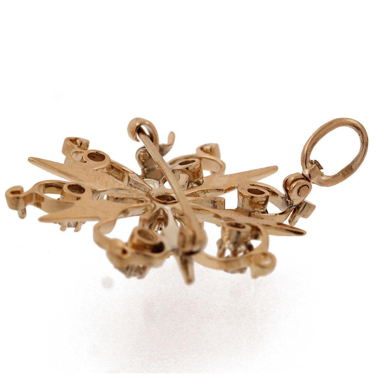 Old European Cut Diamond Filigree Starburst Pendant Brooch Pin 14K Yellow Gold