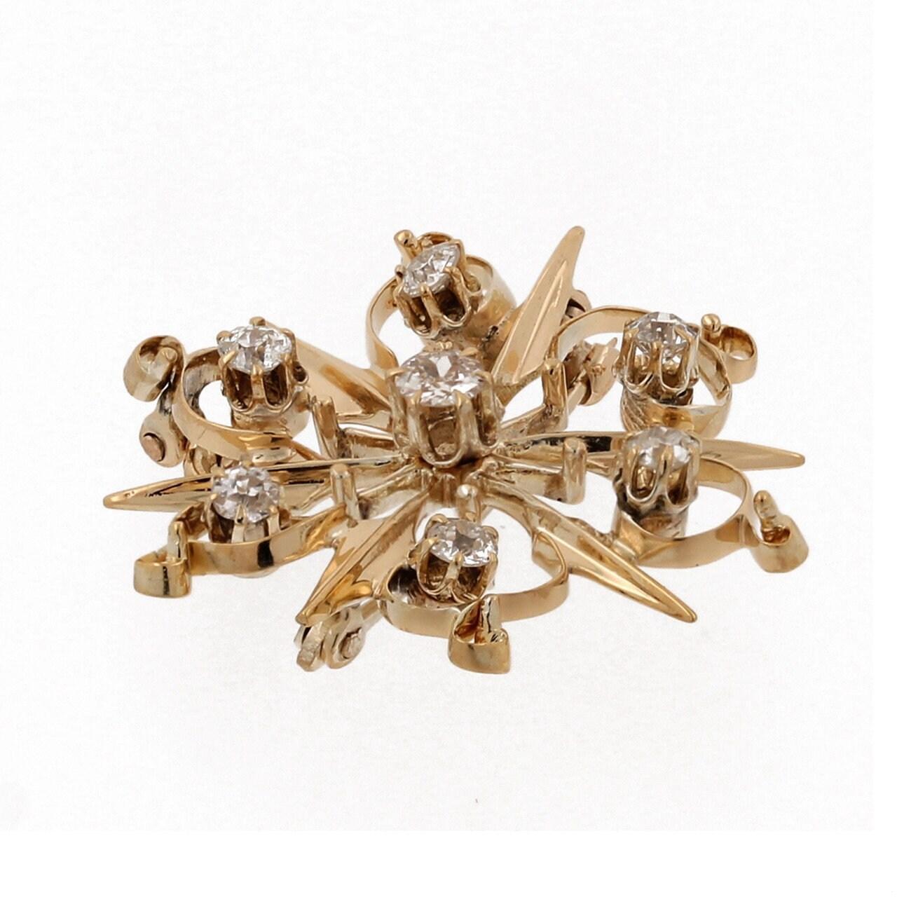 Old European Cut Diamond Filigree Starburst Pendant Brooch Pin 14K Yellow Gold