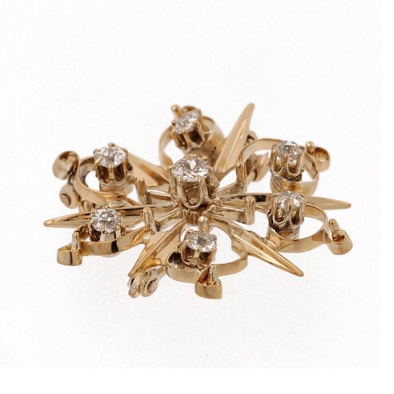Old European Cut Diamond Filigree Starburst Pendant Brooch Pin 14K Yellow Gold