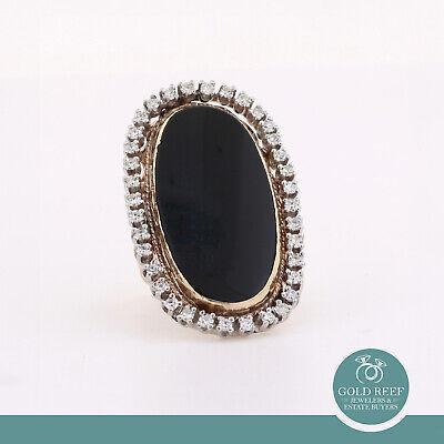 Vintage Onyx Diamond Full Finger Ring 14K Yellow Gold 0.85 TW Halo Set Size 5