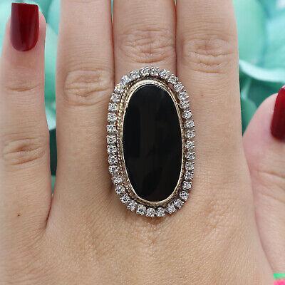 Vintage Onyx Diamond Full Finger Ring 14K Yellow Gold 0.85 TW Halo Set Size 5