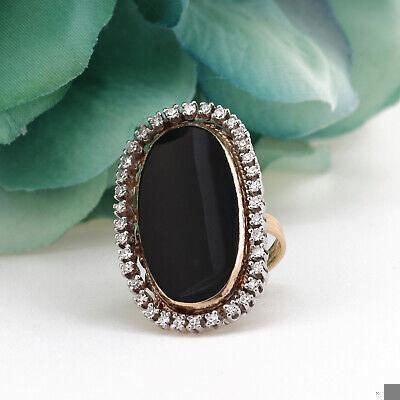 Vintage Onyx Diamond Full Finger Ring 14K Yellow Gold 0.85 TW Halo Set Size 5