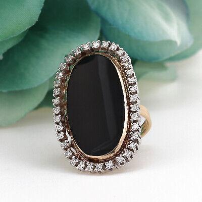 Vintage Onyx Diamond Full Finger Ring 14K Yellow Gold 0.85 TW Halo Set Size 5