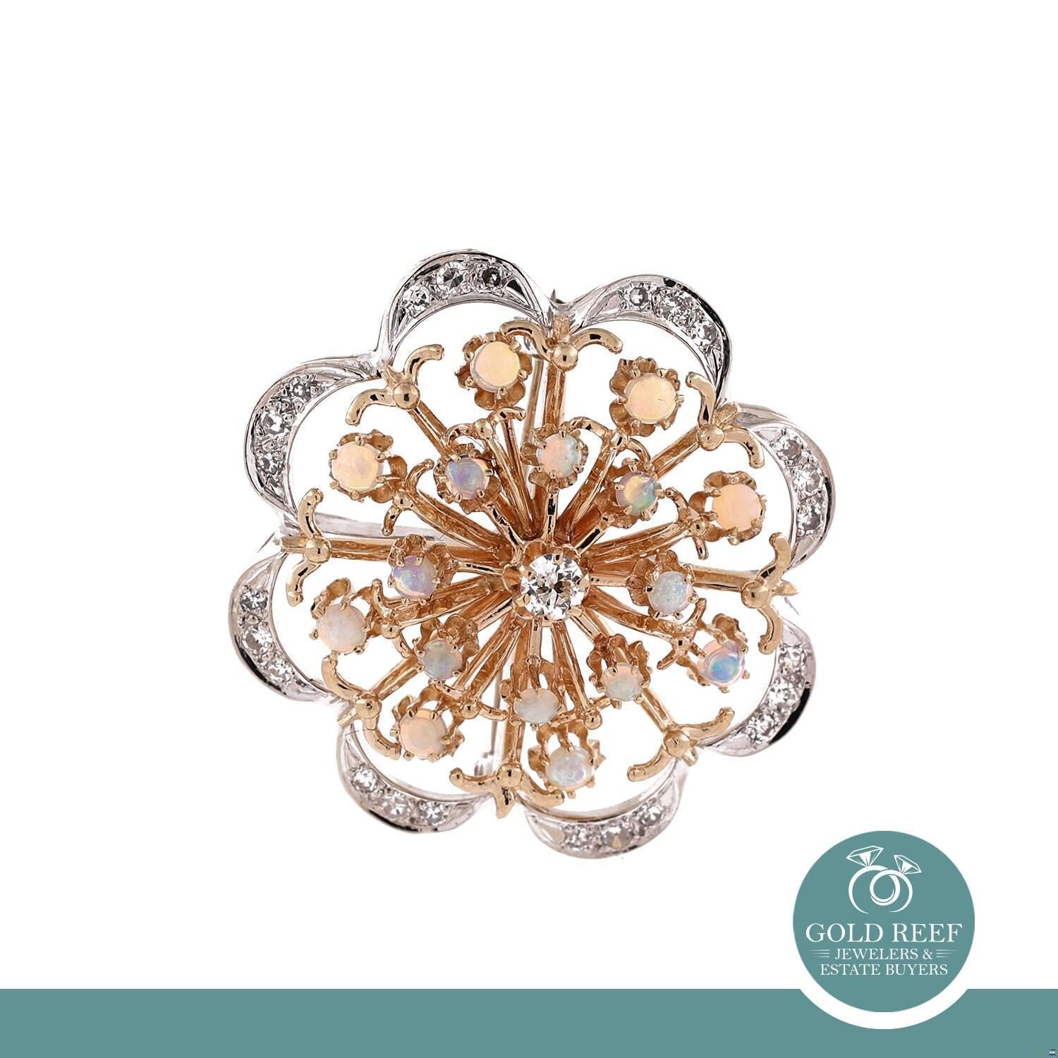 Vintage Opal Diamond Floral Pendant Brooch Pin 14K Two-Tone Gold 2.08 CTW 1.45"