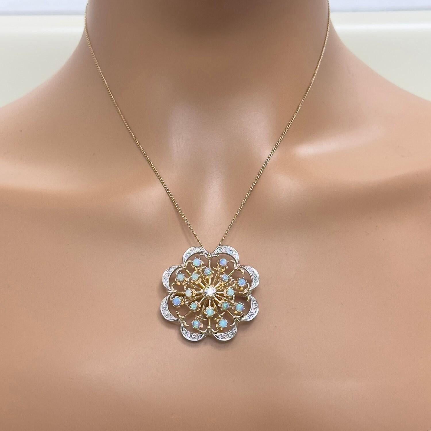 Vintage Opal Diamond Floral Pendant Brooch Pin 14K Two-Tone Gold 2.08 CTW 1.45"