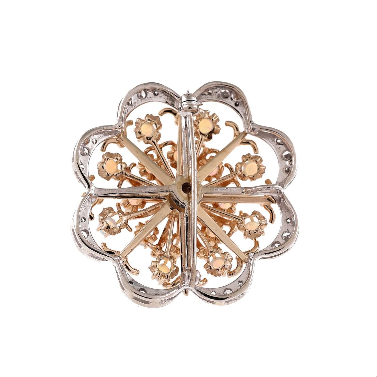 Vintage Opal Diamond Floral Pendant Brooch Pin 14K Two-Tone Gold 2.08 CTW 1.45"