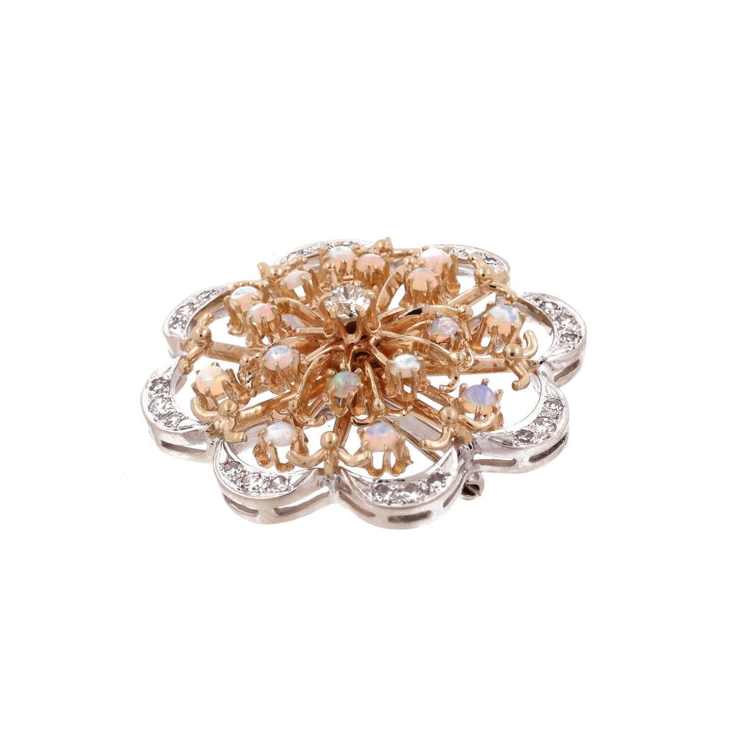 Vintage Opal Diamond Floral Pendant Brooch Pin 14K Two-Tone Gold 2.08 CTW 1.45"