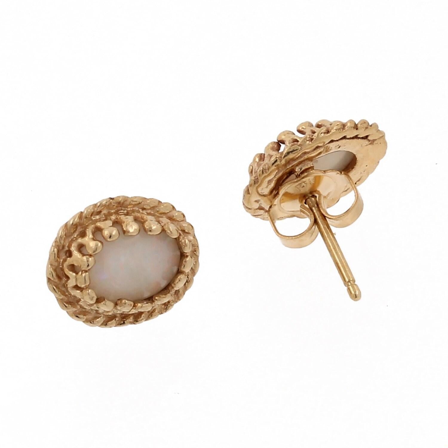 Vintage Opal Oval Stud Earrings 14K Yellow Gold 9 x 7 mm Estate