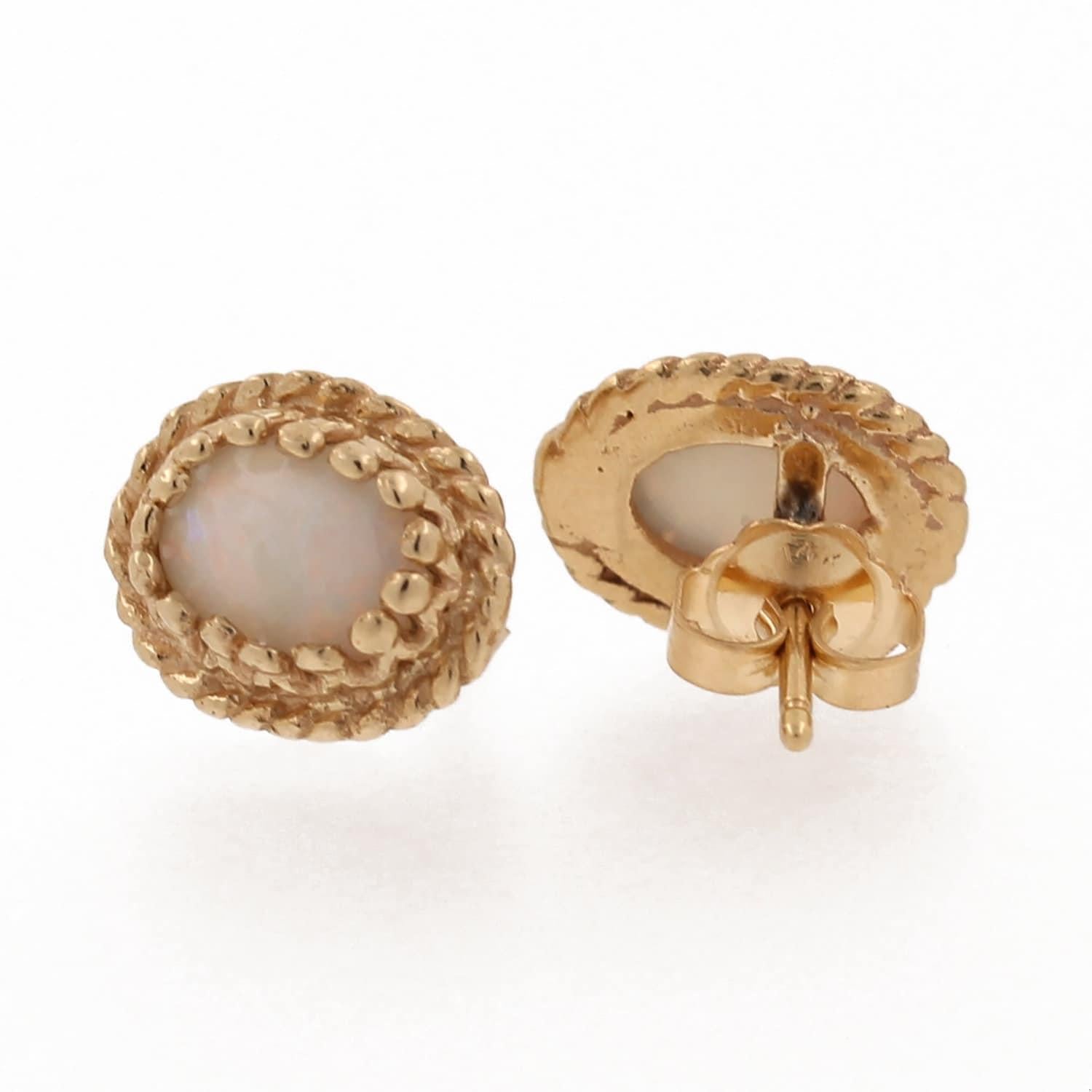 Vintage Opal Oval Stud Earrings 14K Yellow Gold 9 x 7 mm Estate