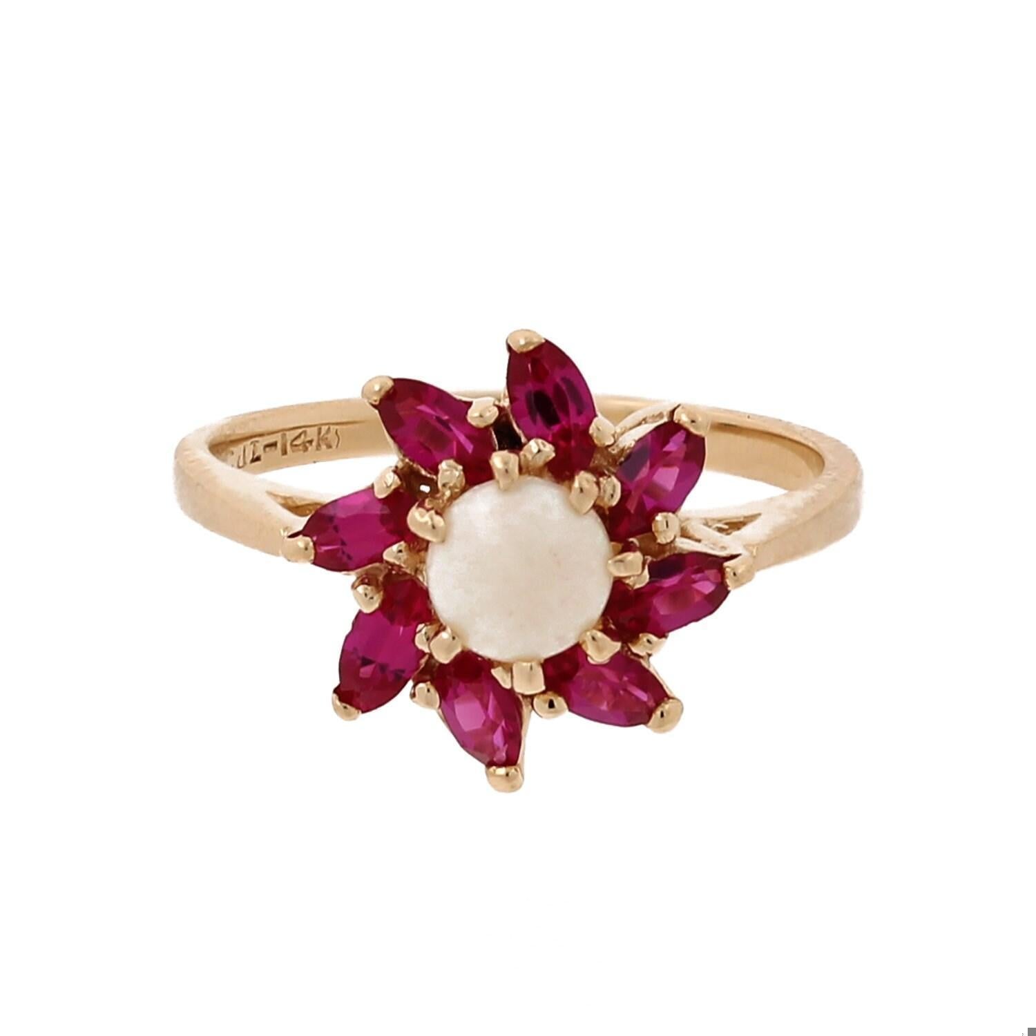 Ladies Opal Ruby Flower Cocktail Ring Yellow Gold Lab Grown Size 6.25 Vintage