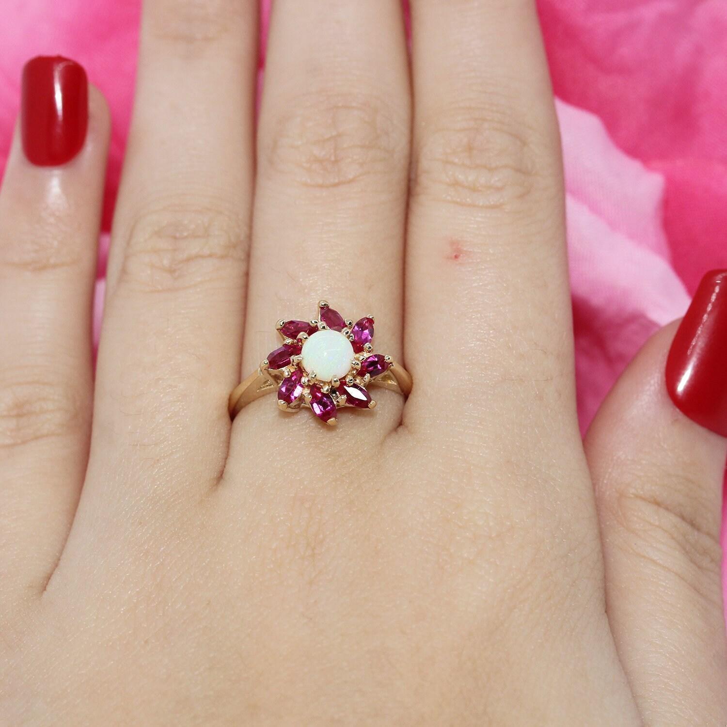 Ladies Opal Ruby Flower Cocktail Ring Yellow Gold Lab Grown Size 6.25 Vintage