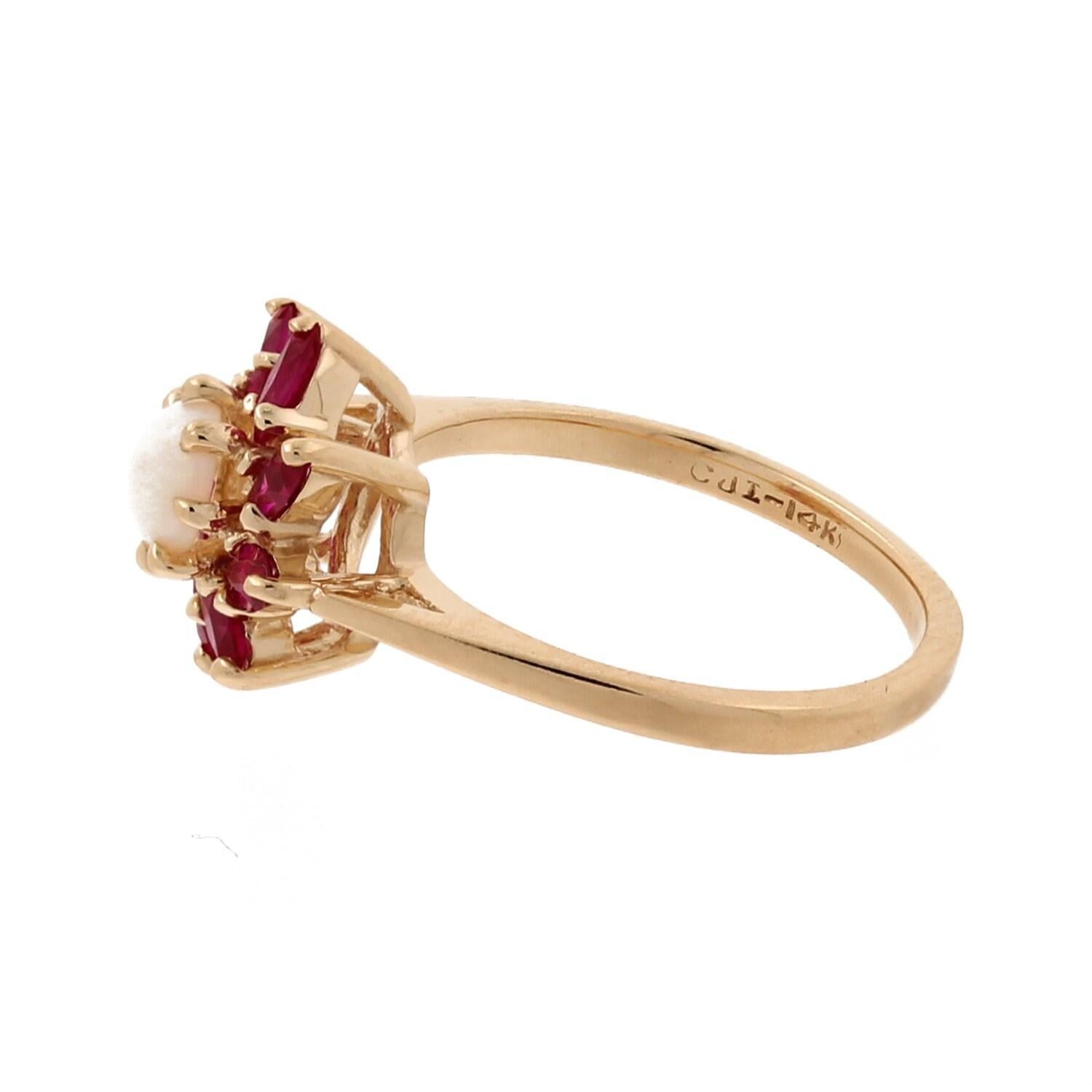 Ladies Opal Ruby Flower Cocktail Ring Yellow Gold Lab Grown Size 6.25 Vintage