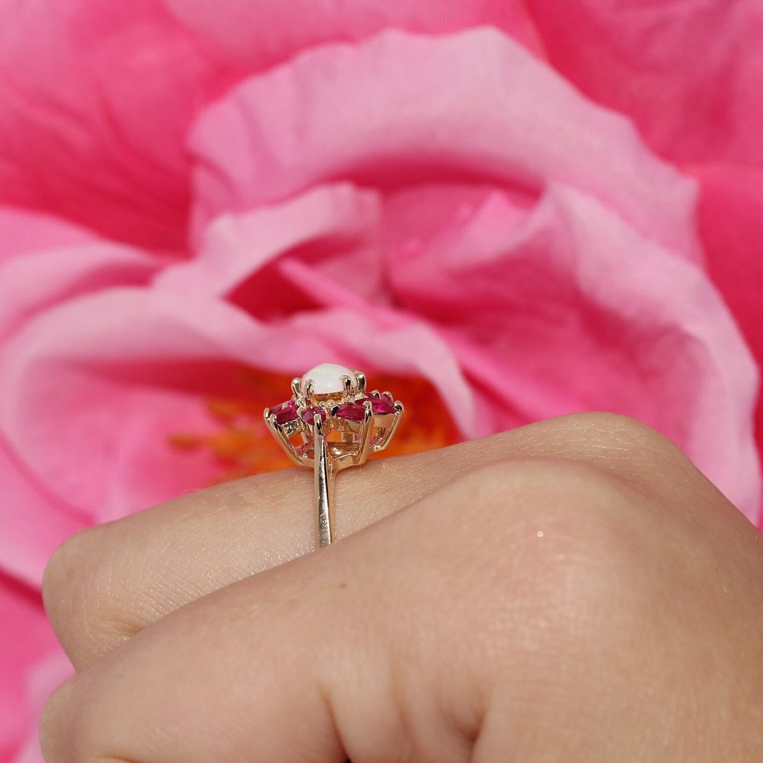 Ladies Opal Ruby Flower Cocktail Ring Yellow Gold Lab Grown Size 6.25 Vintage