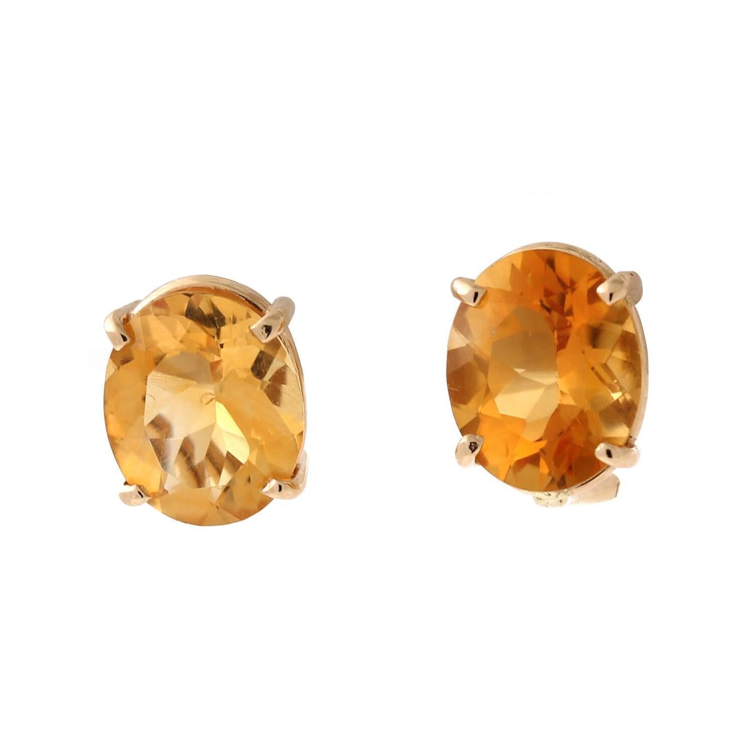Vintage Oval Citrine Gem Stud Earrings 14K Yellow Gold 0.50" Omega Backs Estate
