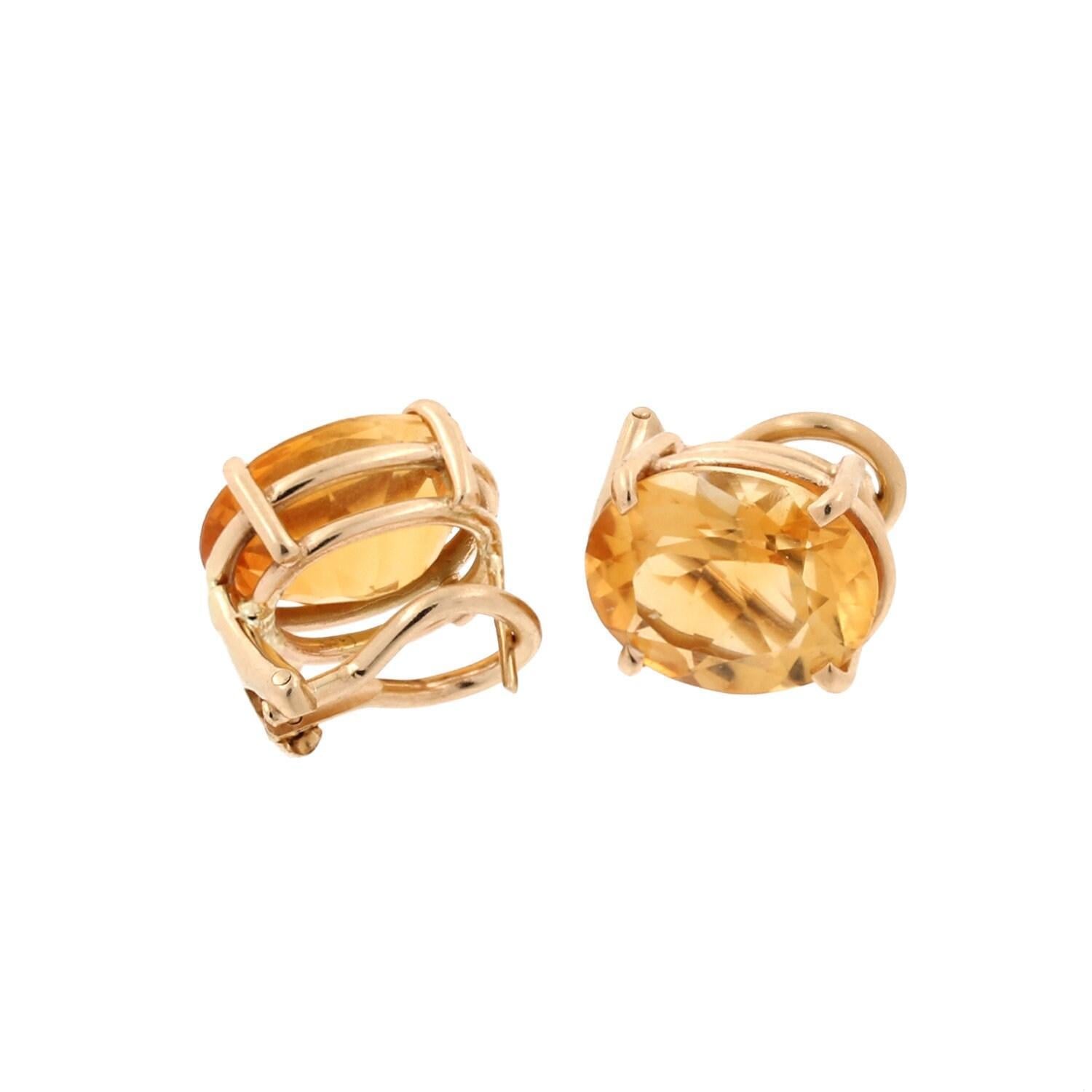 Vintage Oval Citrine Gem Stud Earrings 14K Yellow Gold 0.50" Omega Backs Estate