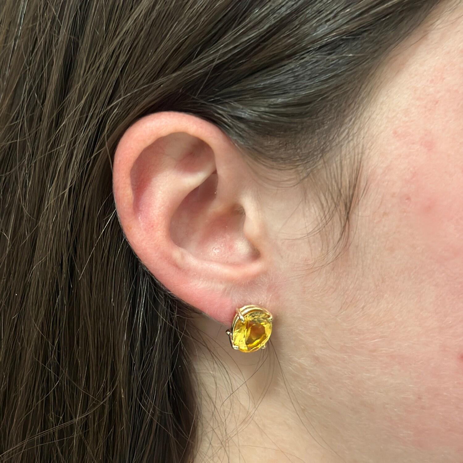 Vintage Oval Citrine Gem Stud Earrings 14K Yellow Gold 0.50" Omega Backs Estate