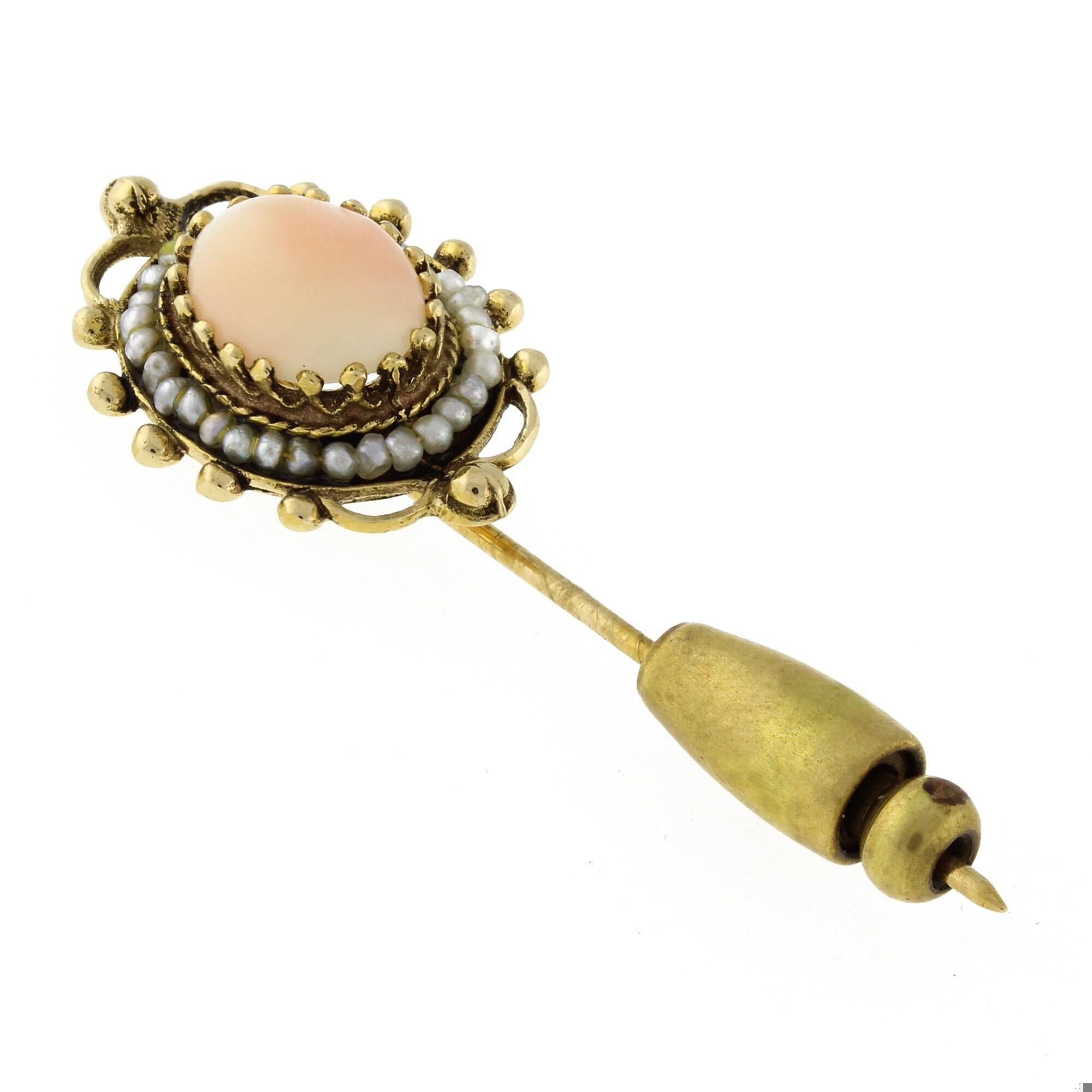 Vintage Peach Moonstone Pearl Accent Brooch Pin Yellow Gold 2" Ladies Estate