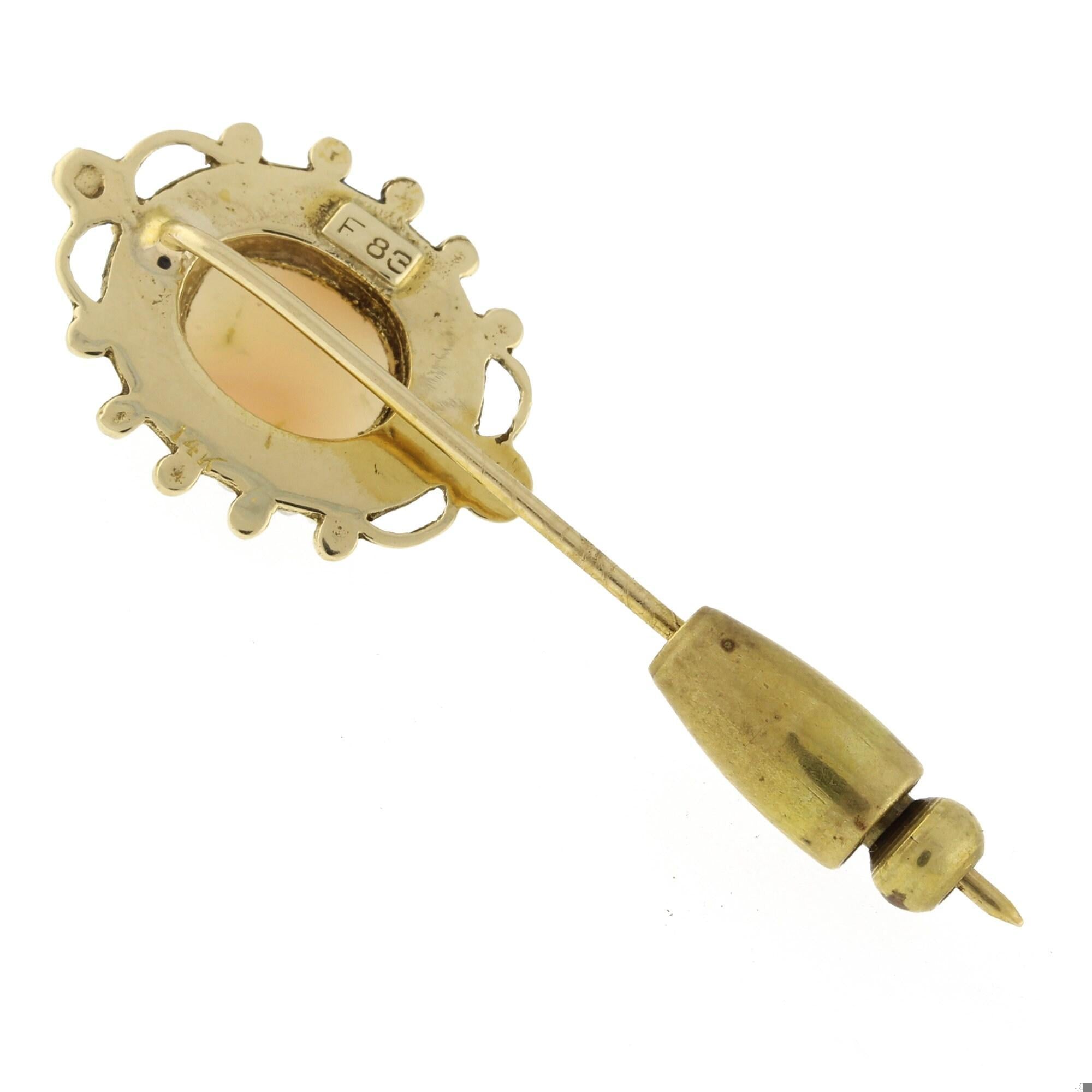 Vintage Peach Moonstone Pearl Accent Brooch Pin Yellow Gold 2" Ladies Estate