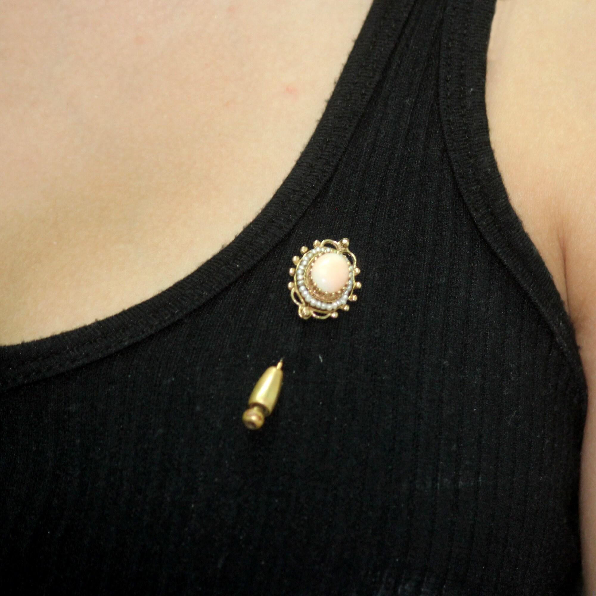 Vintage Peach Moonstone Pearl Accent Brooch Pin Yellow Gold 2" Ladies Estate