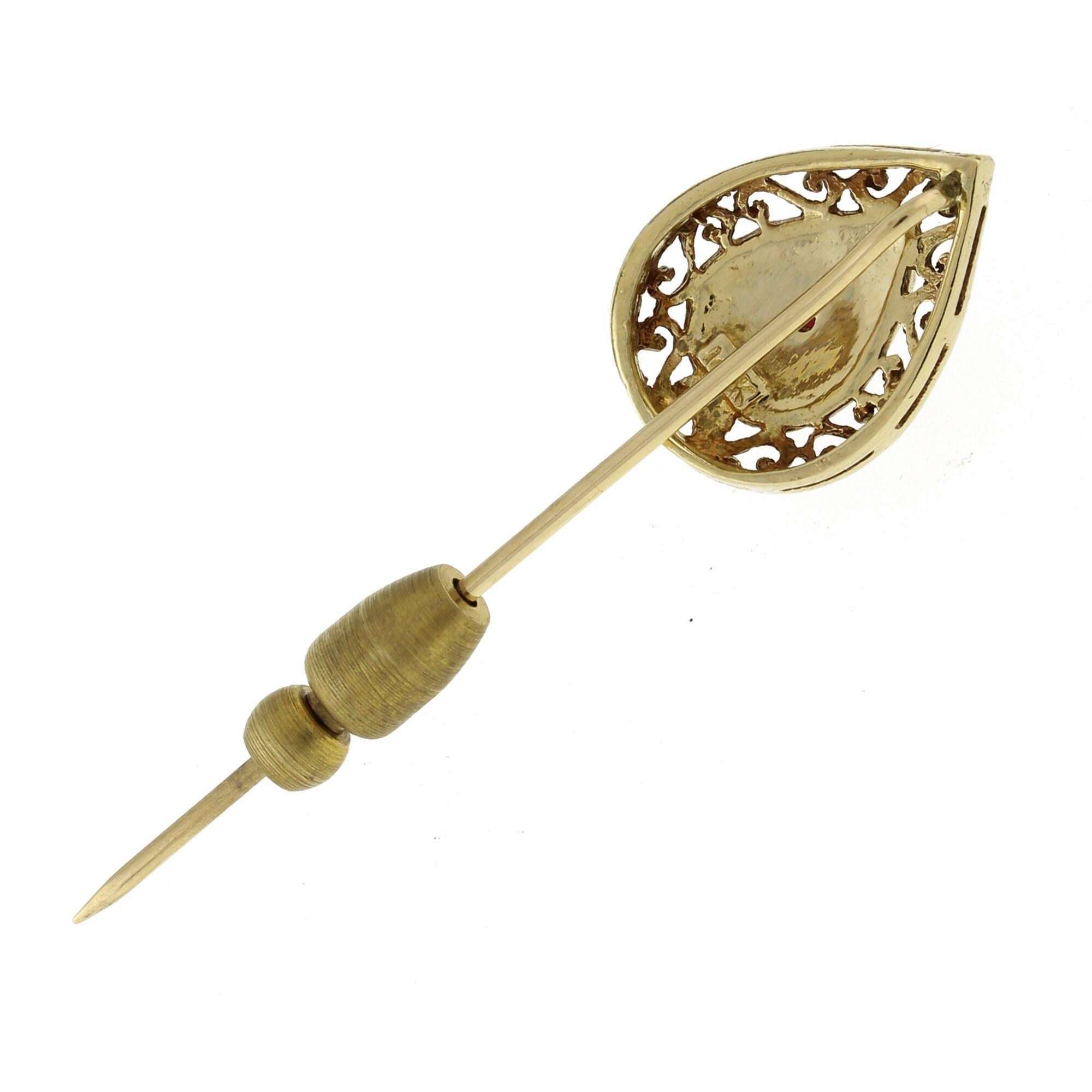 Vintage Cabochon Pear Garnet Gemstone Brooch Pin 14K Yellow Gold Ladies Estate