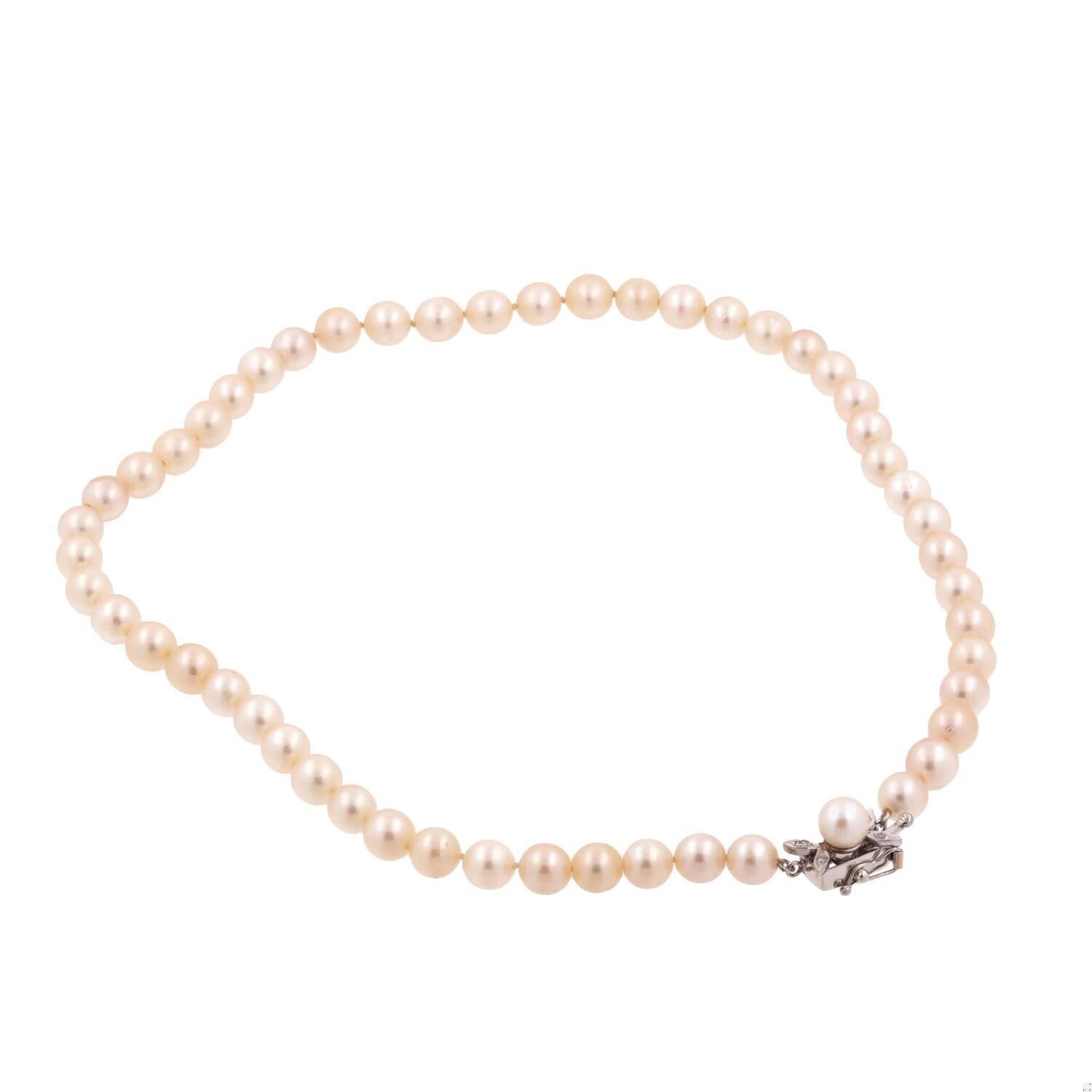 Vintage Akoya Pearl Necklace 6.5mm 14K White Gold Diamond Floral Clasp 15.5"