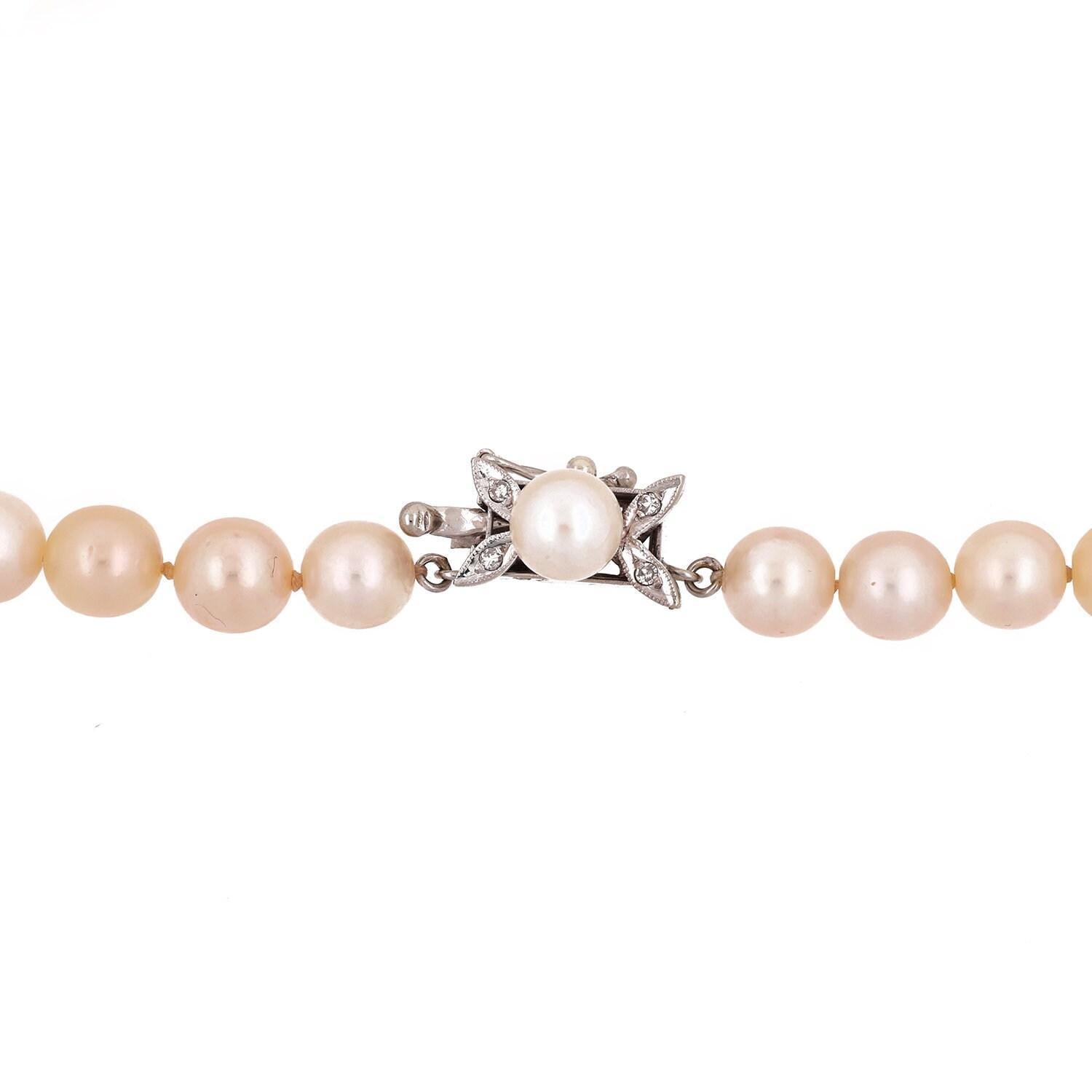 Vintage Akoya Pearl Necklace 6.5mm 14K White Gold Diamond Floral Clasp 15.5"