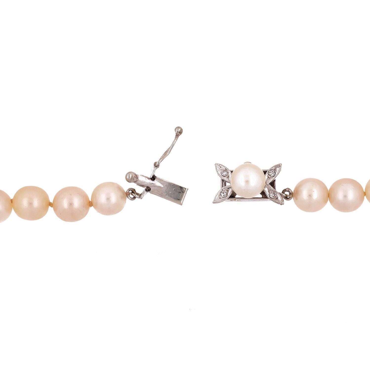 Vintage Akoya Pearl Necklace 6.5mm 14K White Gold Diamond Floral Clasp 15.5"