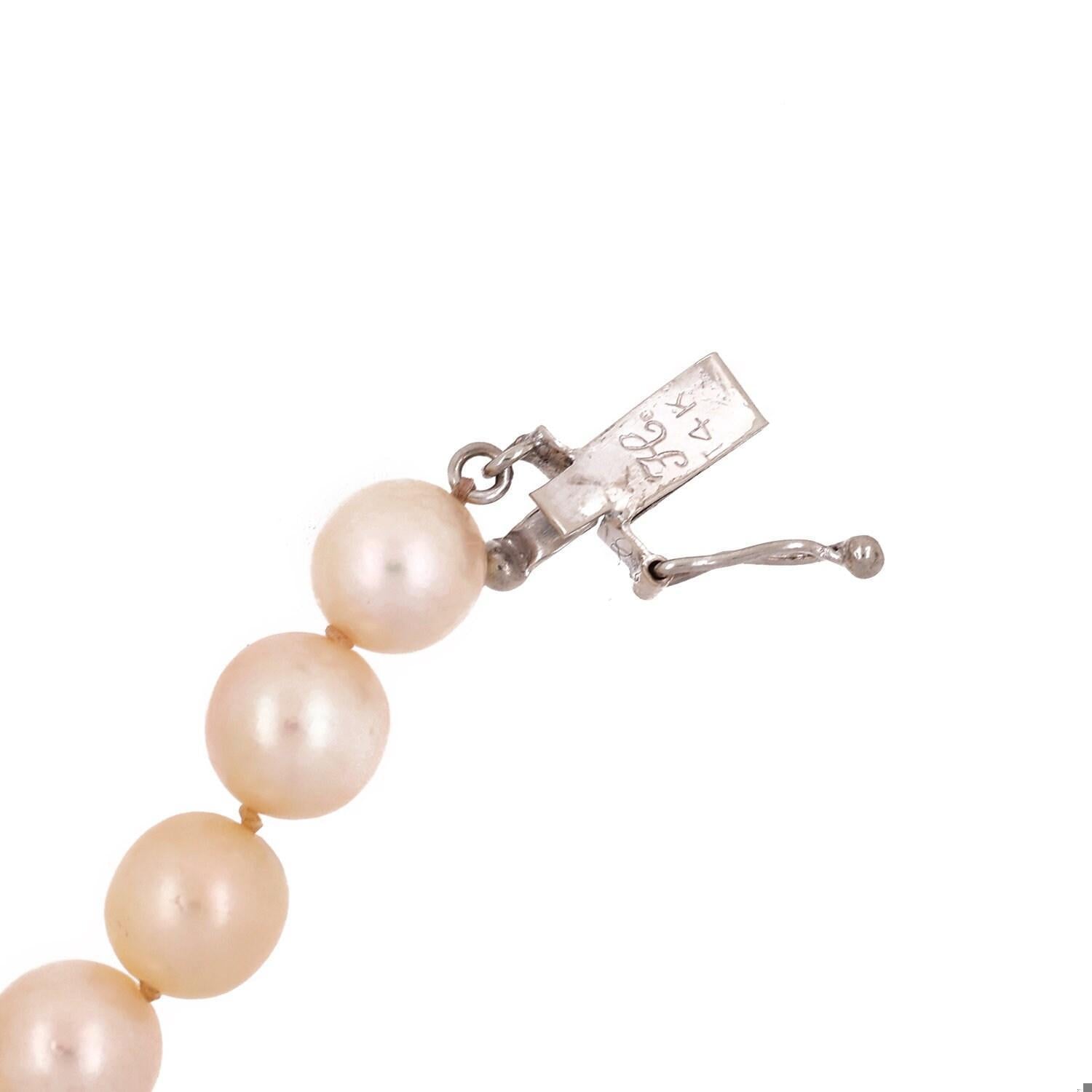 Vintage Akoya Pearl Necklace 6.5mm 14K White Gold Diamond Floral Clasp 15.5"