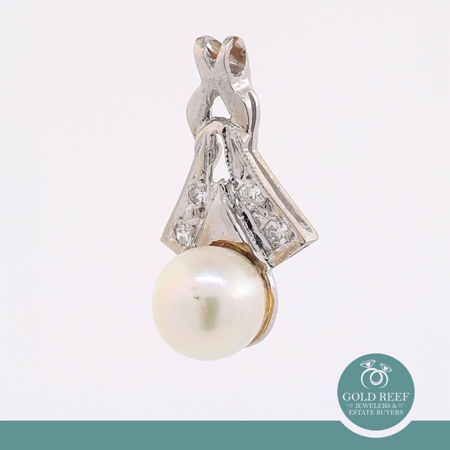 Vintage Pearl Diamond Pendant 14K White Gold 0.75" Ladies Estate