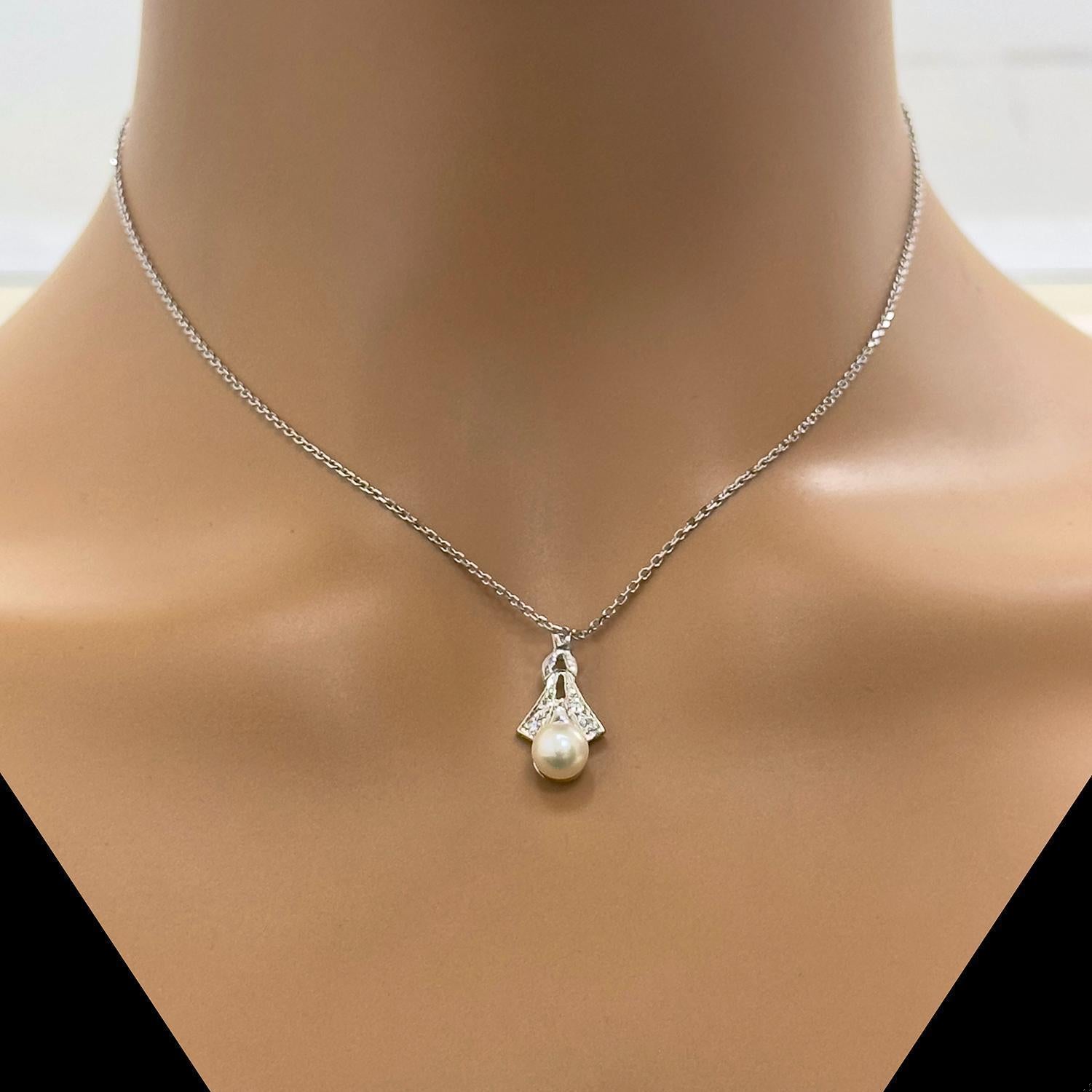 Vintage Pearl Diamond Pendant 14K White Gold 0.75" Ladies Estate