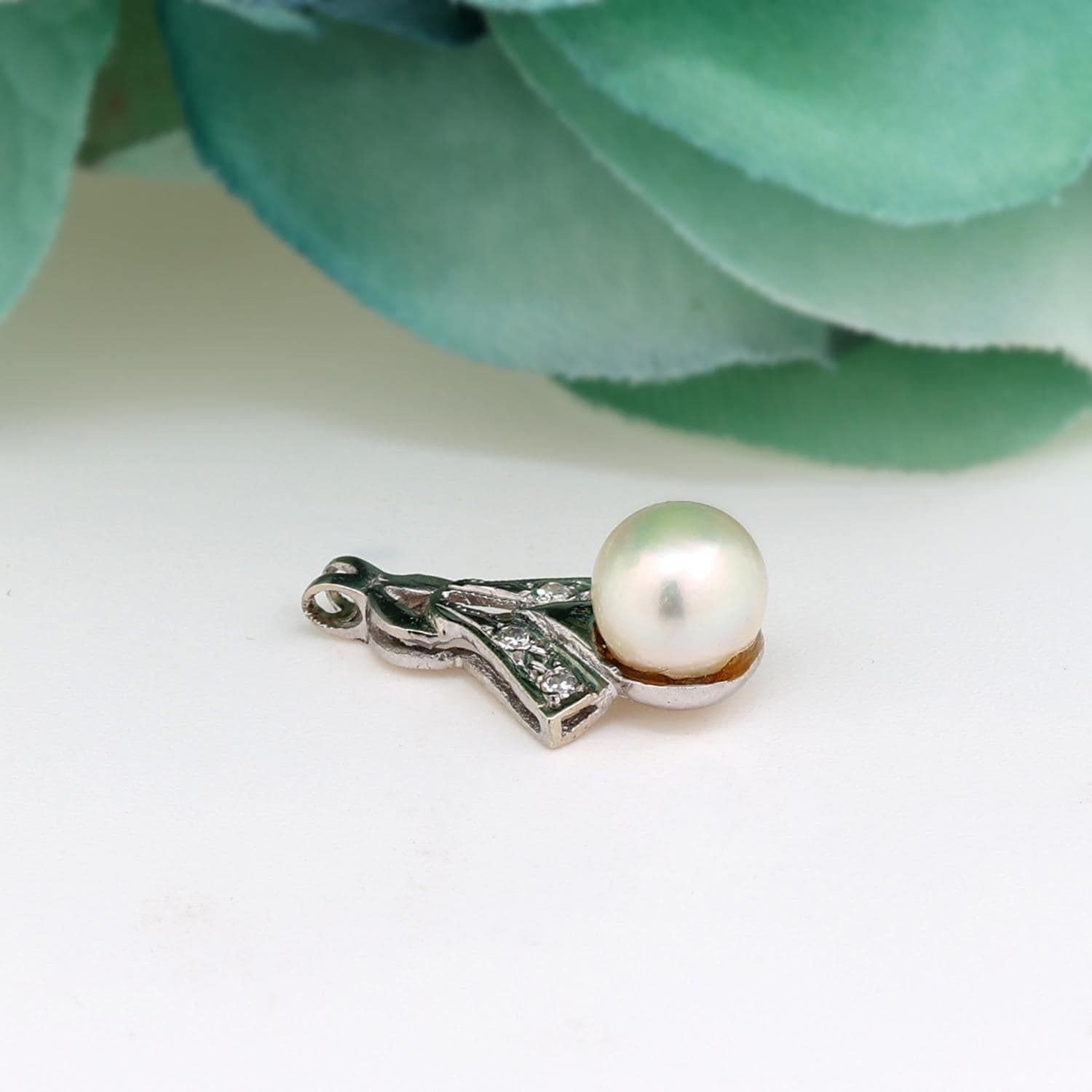 Vintage Pearl Diamond Pendant 14K White Gold 0.75" Ladies Estate