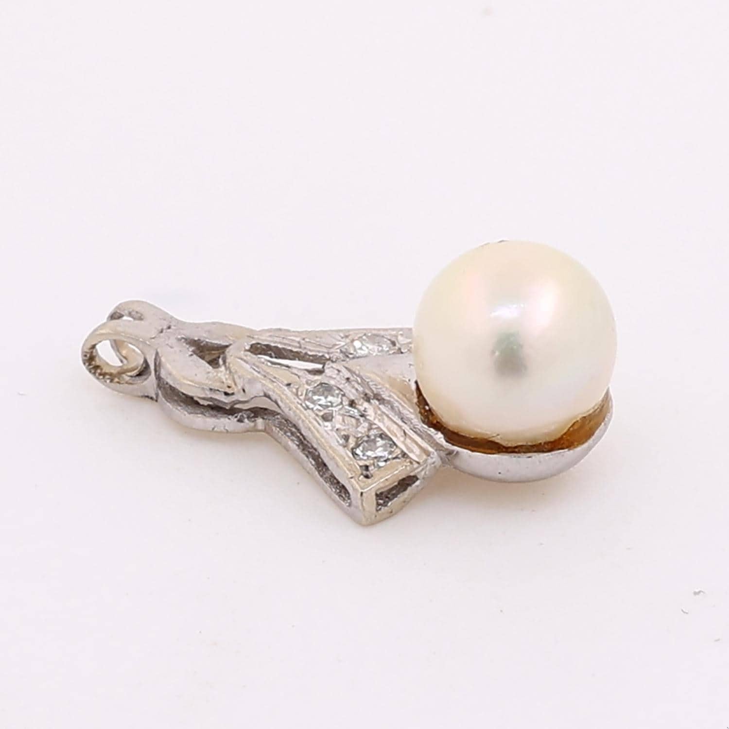 Vintage Pearl Diamond Pendant 14K White Gold 0.75" Ladies Estate