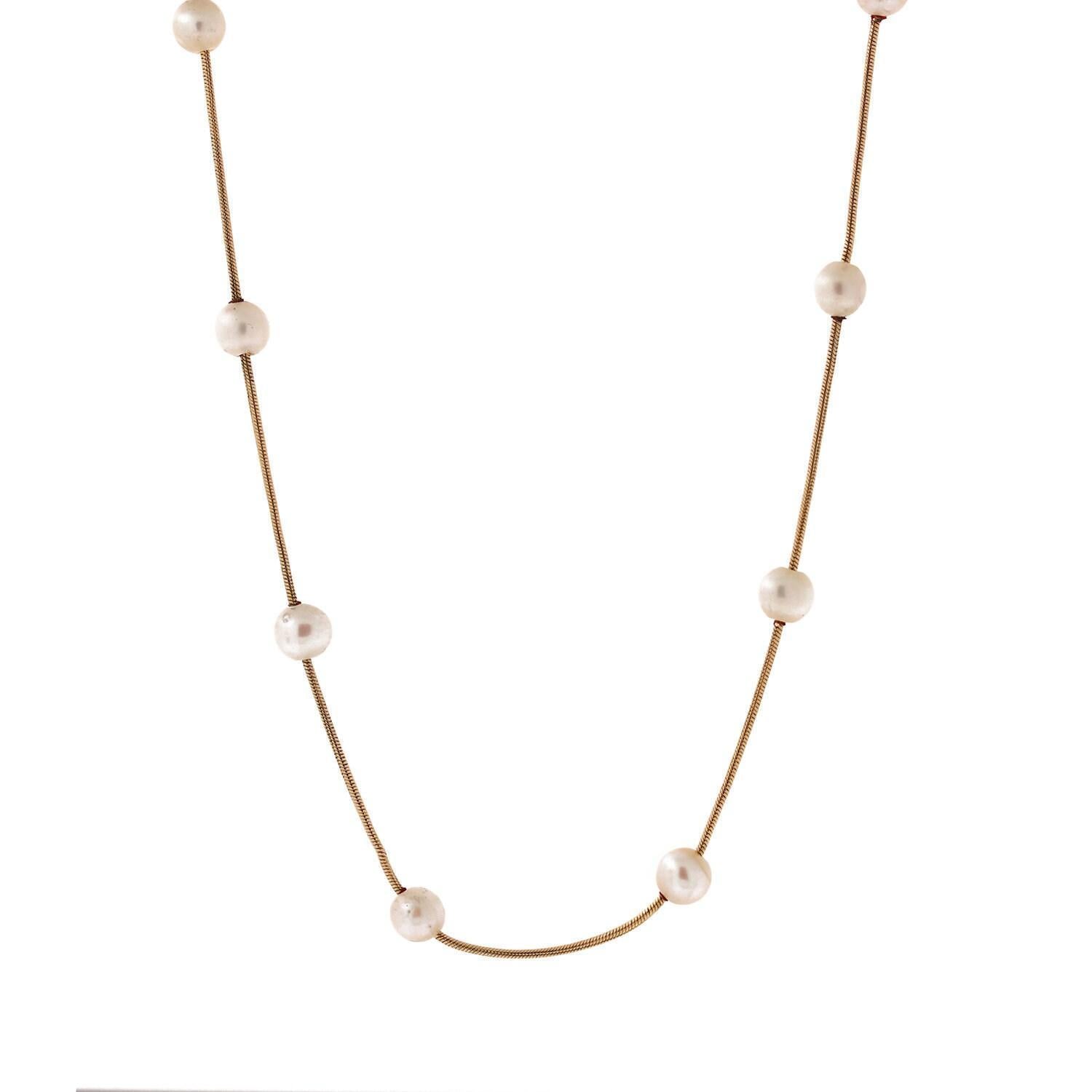Vintage Pearl Station Necklace 14K Yellow Gold Snake Chain Estate 18"
