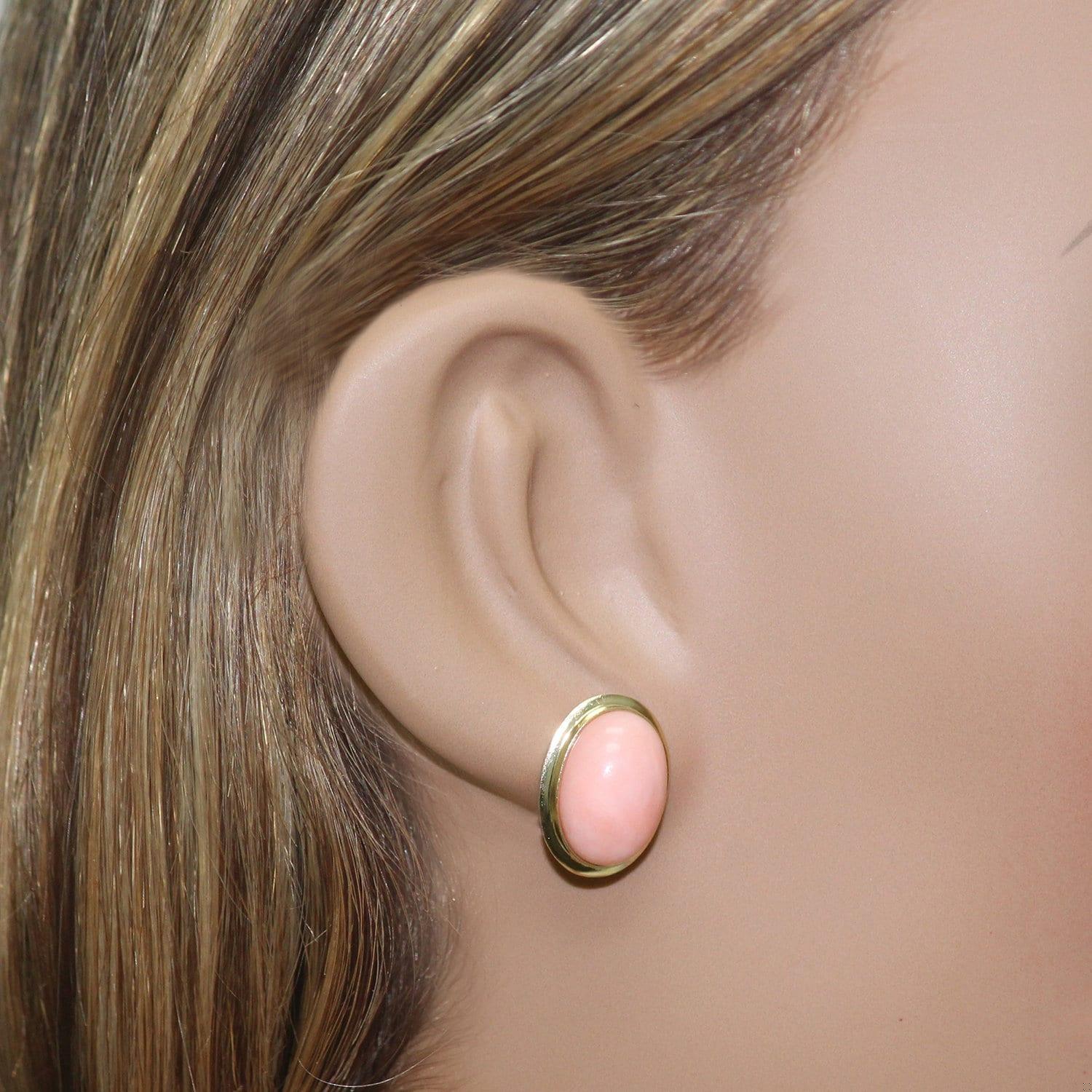 Vintage Angel Skin Coral Stud Earrings 14K Yellow Gold Oval Bezel Gems