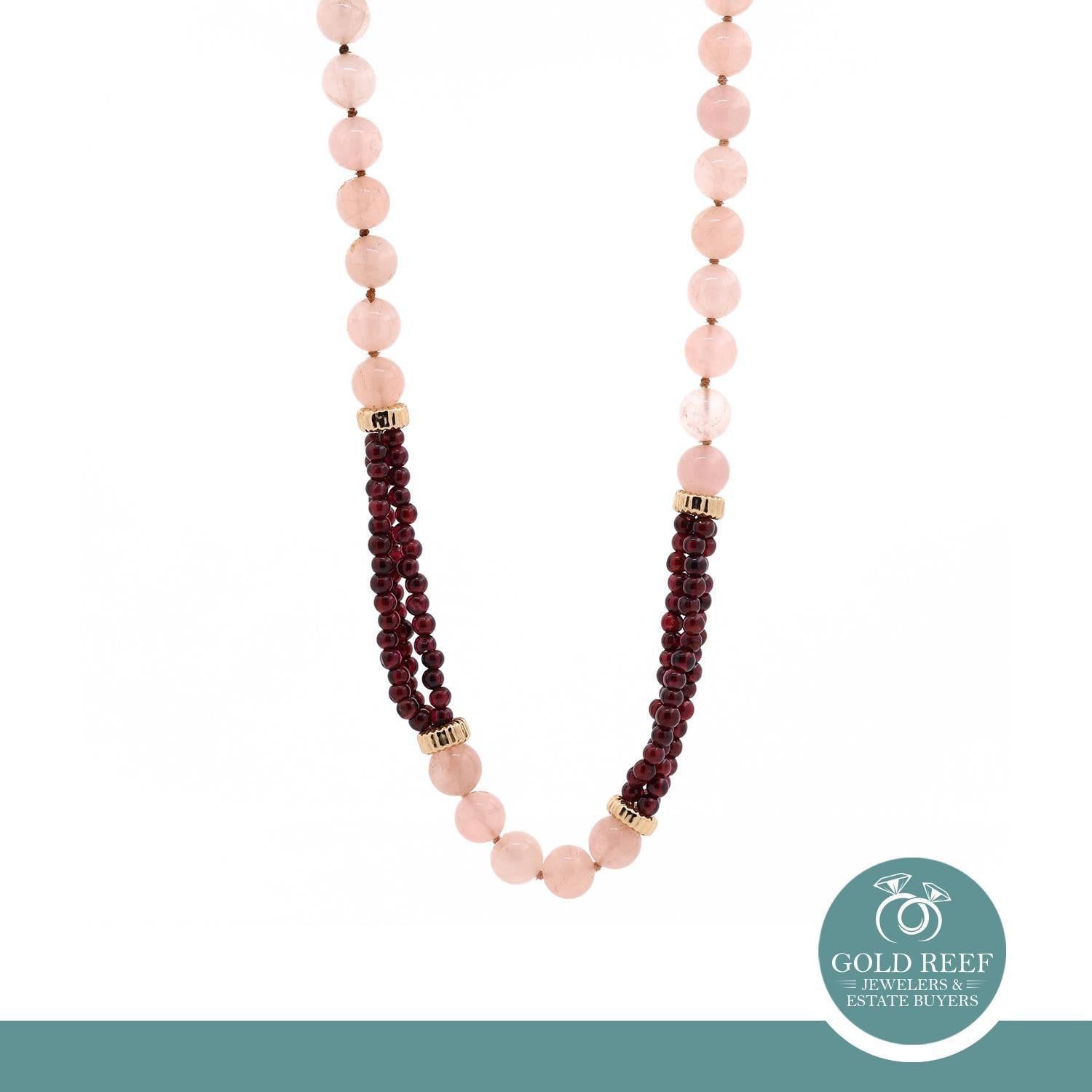 Rose Quartz Garnet Bead Necklace 14K Yellow Gold Accents 32" Vintage Estate