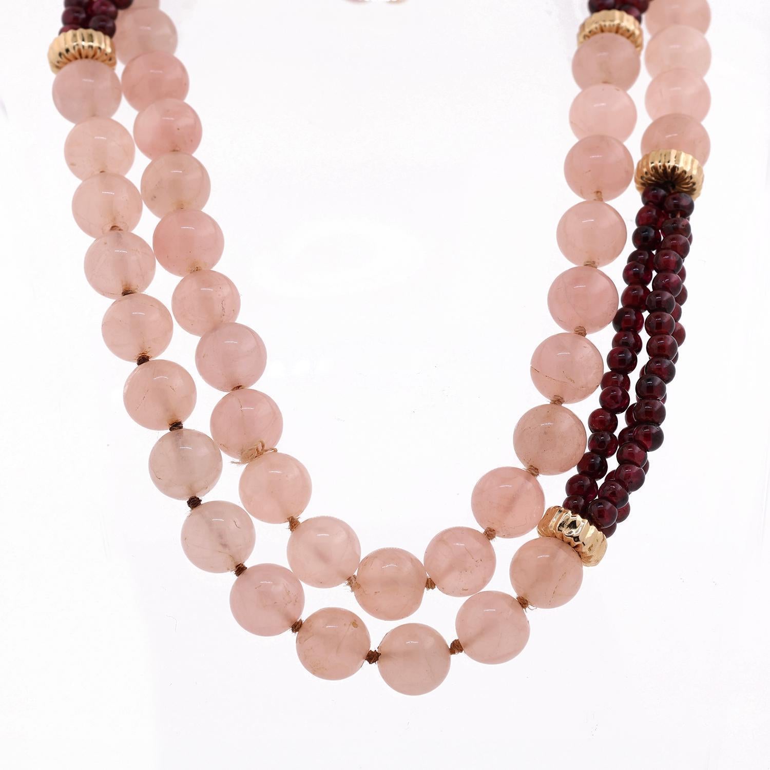 Rose Quartz Garnet Bead Necklace 14K Yellow Gold Accents 32" Vintage Estate