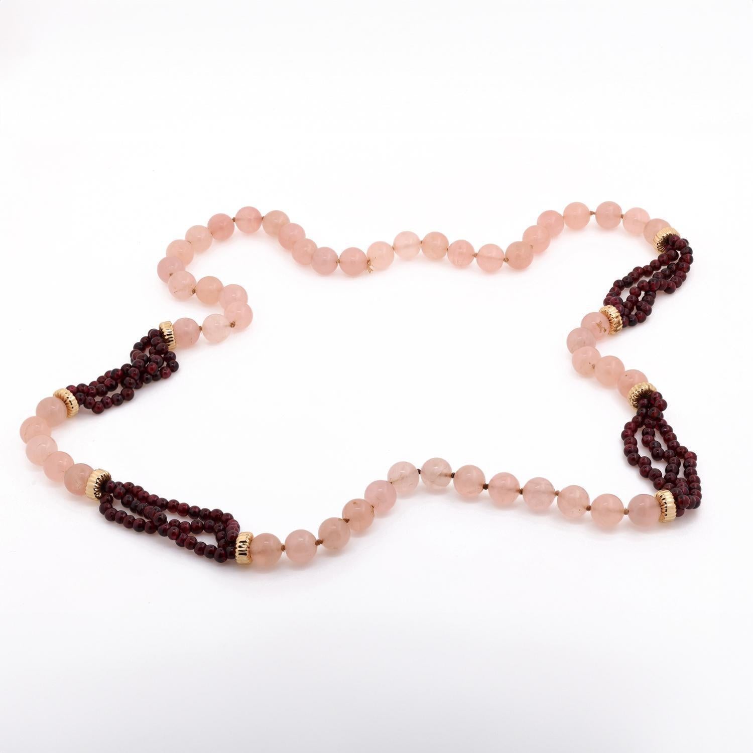 Rose Quartz Garnet Bead Necklace 14K Yellow Gold Accents 32" Vintage Estate