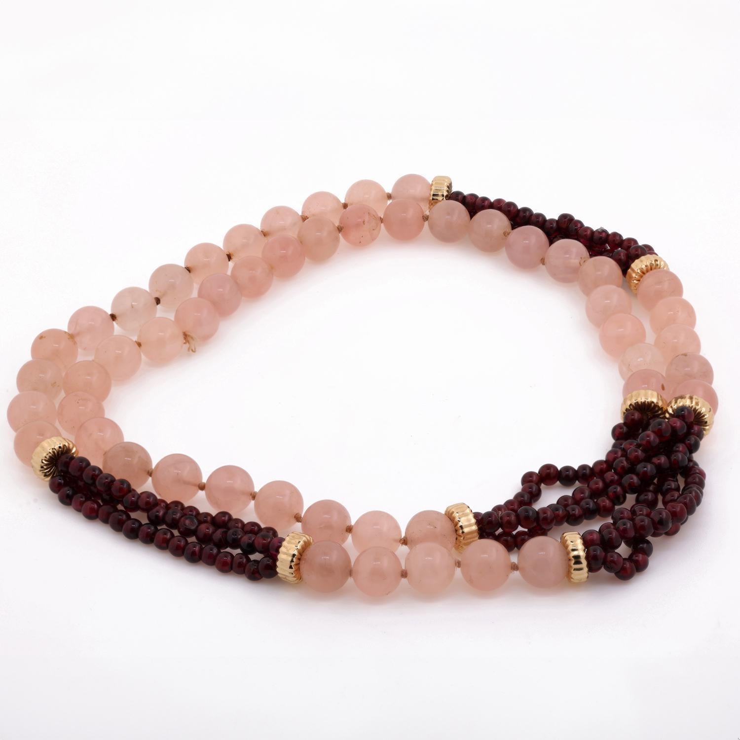 Rose Quartz Garnet Bead Necklace 14K Yellow Gold Accents 32" Vintage Estate