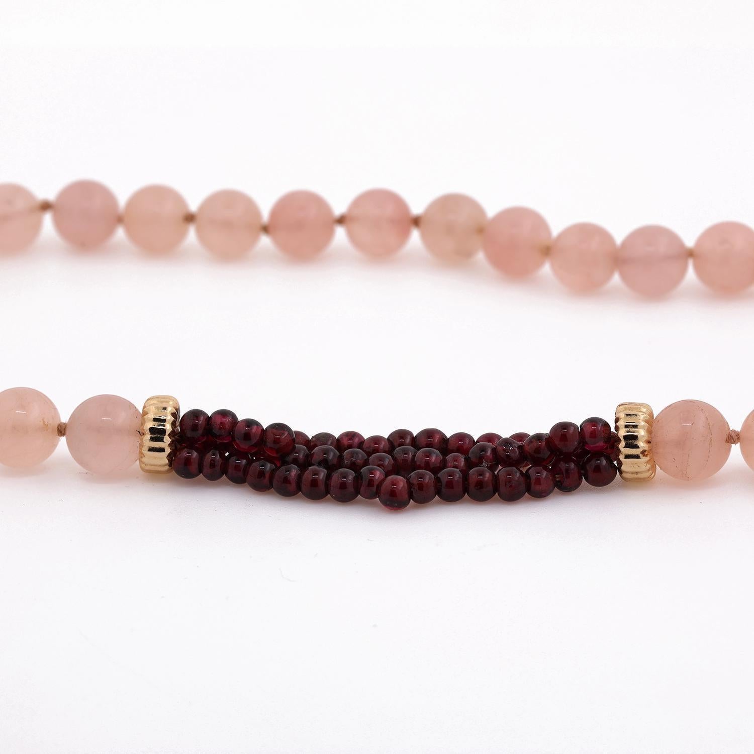 Rose Quartz Garnet Bead Necklace 14K Yellow Gold Accents 32" Vintage Estate
