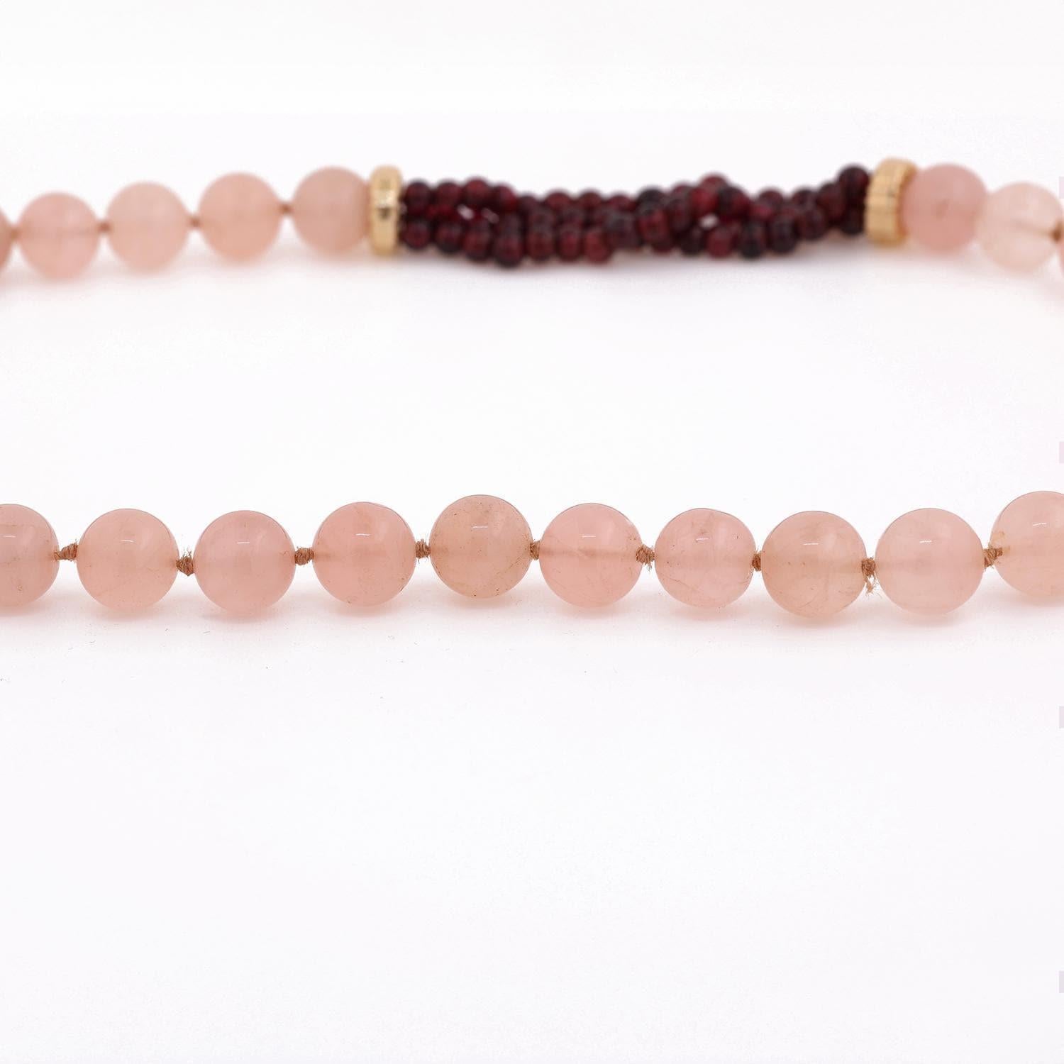 Rose Quartz Garnet Bead Necklace 14K Yellow Gold Accents 32" Vintage Estate