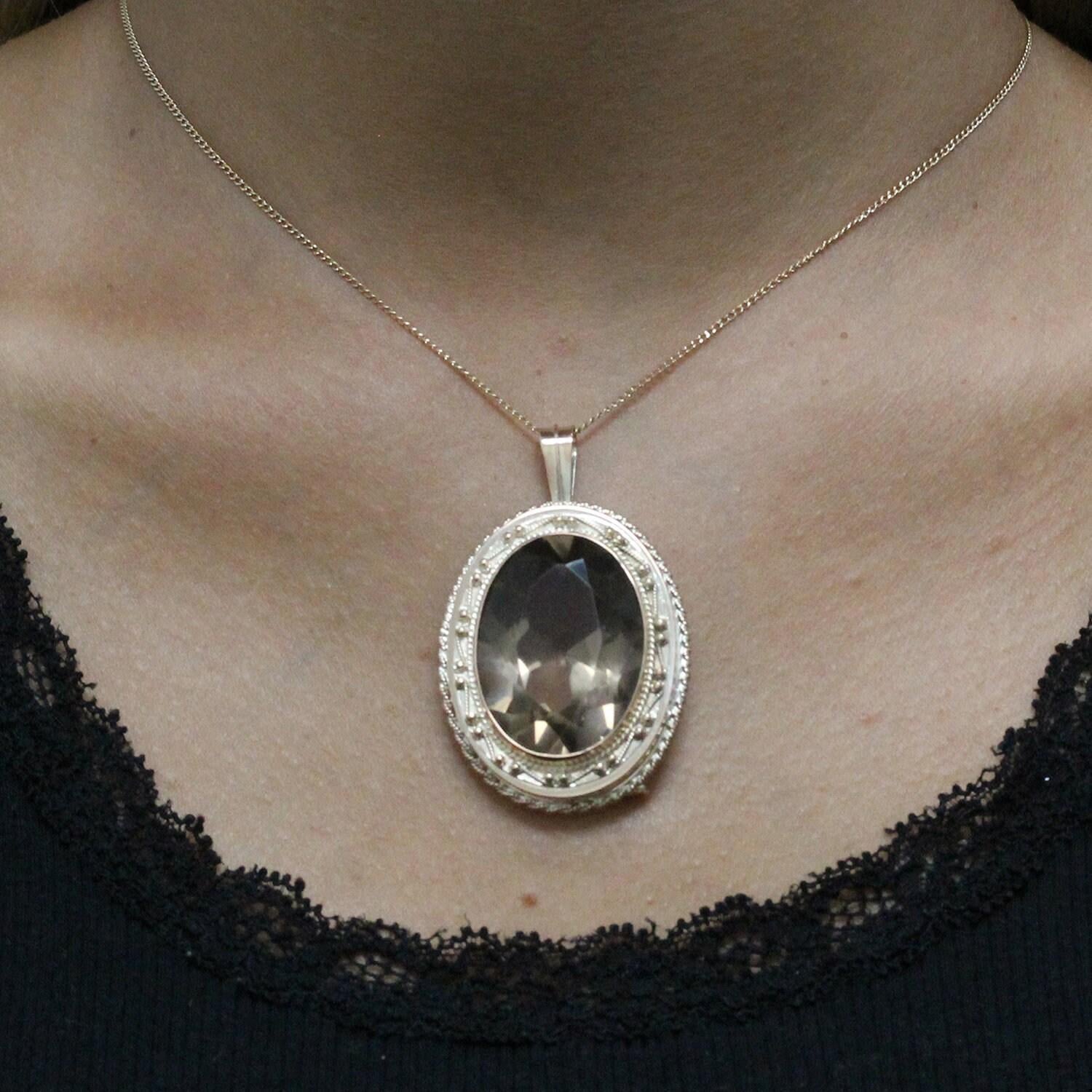 Vintage Smoky Quartz Oval Gemstone Pendant Brooch Pin 14K Yellow Gold Frame 2"