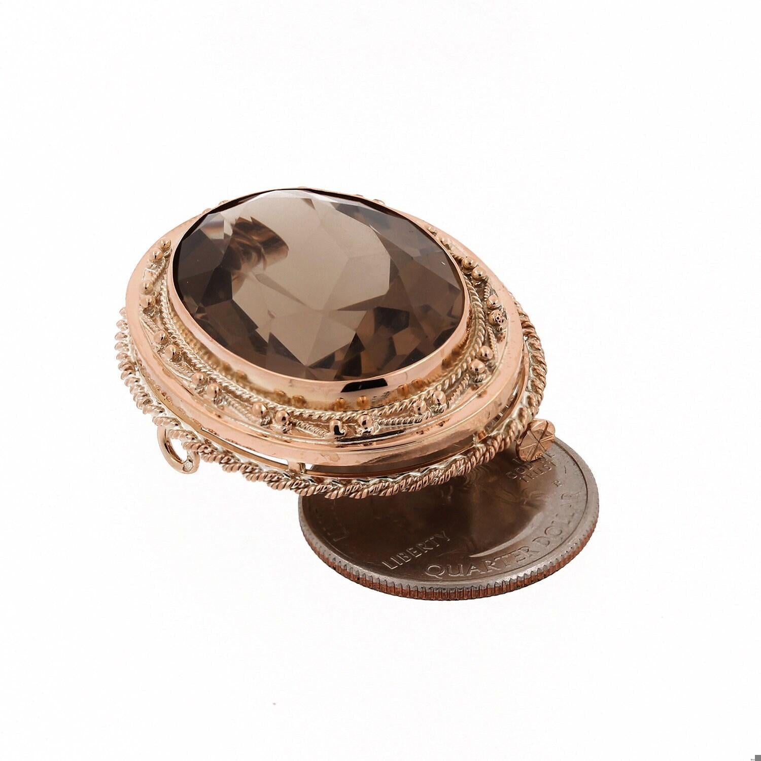 Vintage Smoky Quartz Oval Gemstone Pendant Brooch Pin 14K Yellow Gold Frame 2"