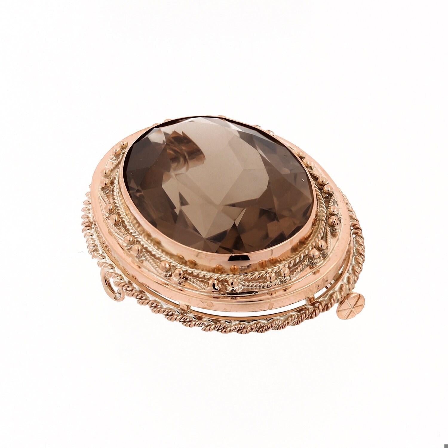 Vintage Smoky Quartz Oval Gemstone Pendant Brooch Pin 14K Yellow Gold Frame 2"