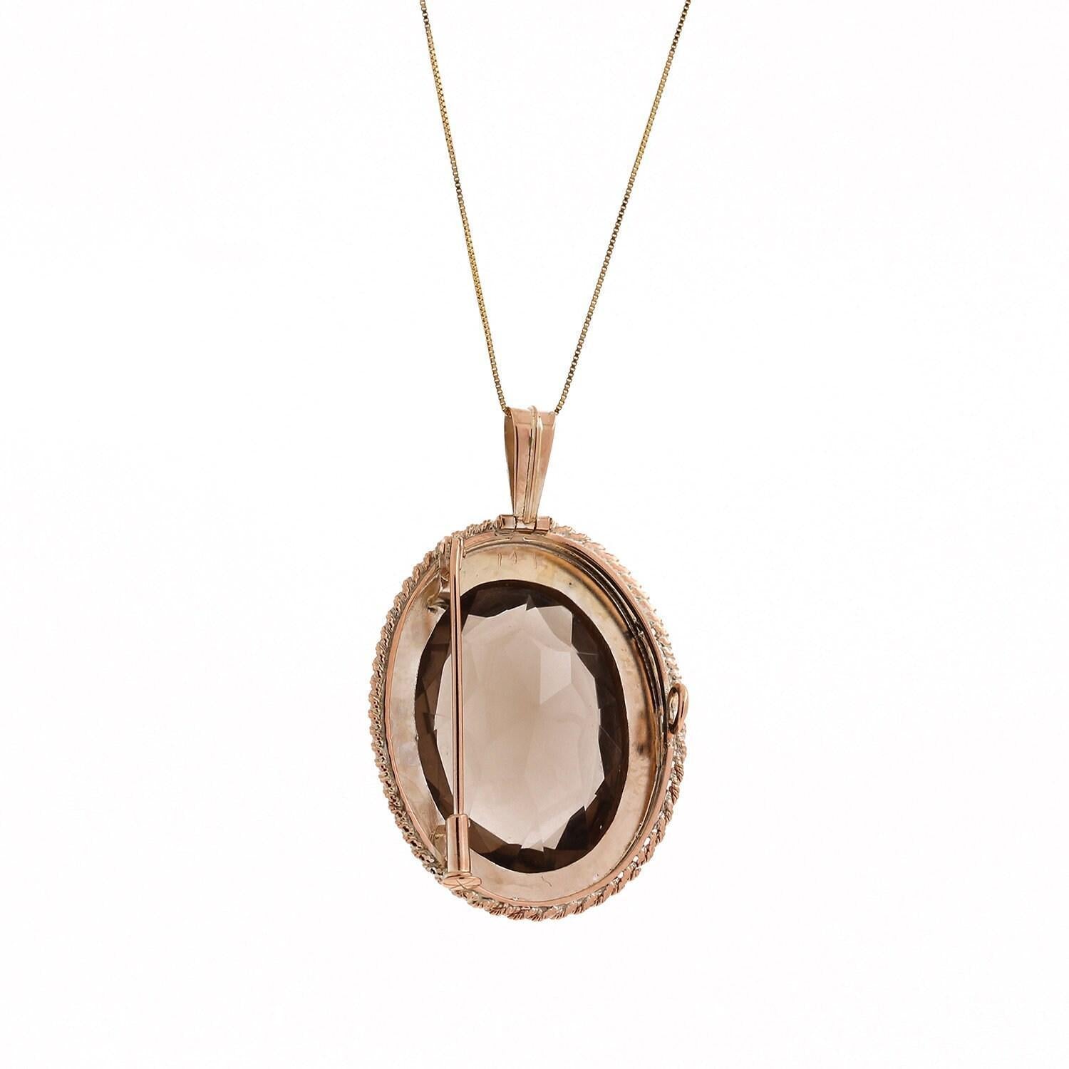 Vintage Smoky Quartz Oval Gemstone Pendant Brooch Pin 14K Yellow Gold Frame 2"