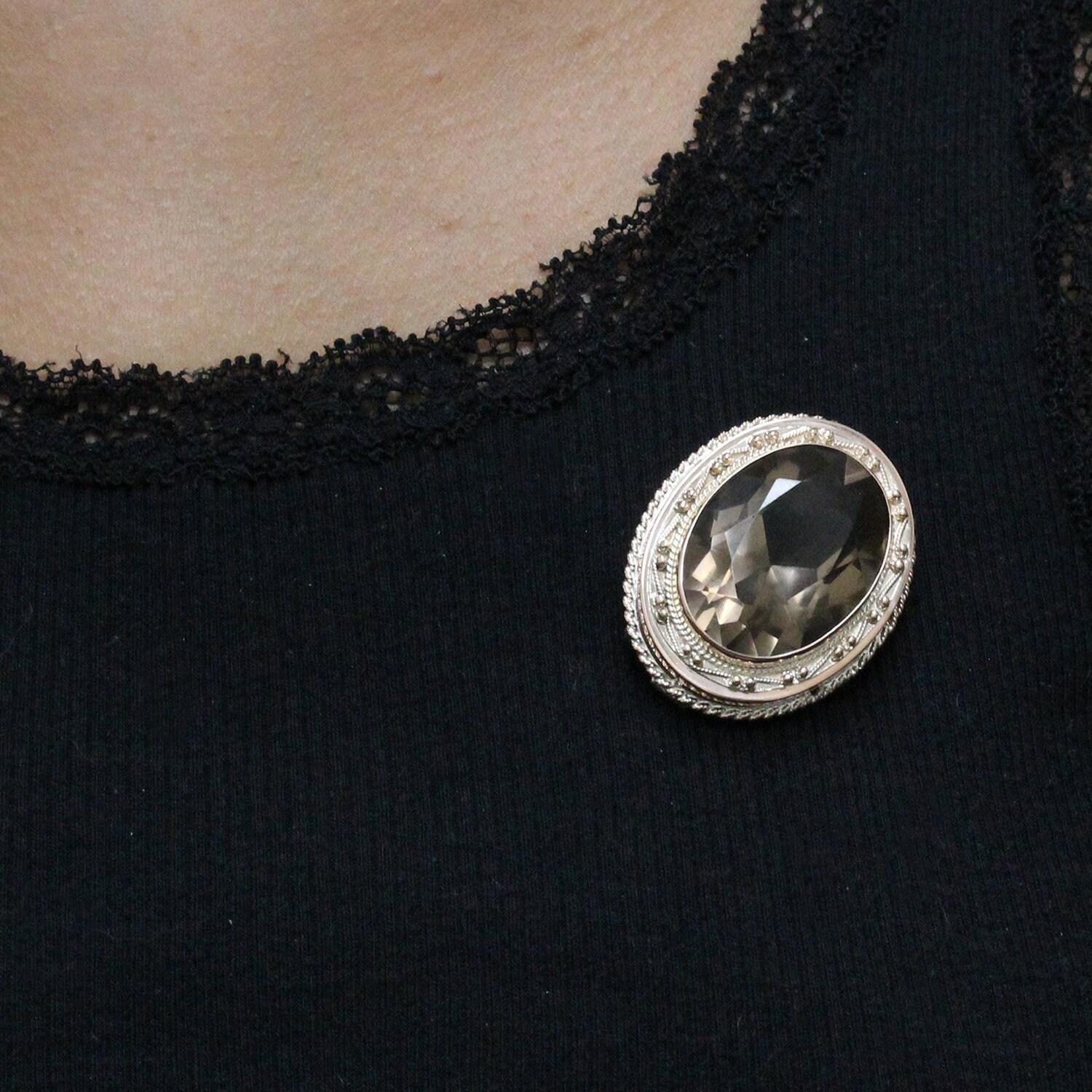 Vintage Smoky Quartz Oval Gemstone Pendant Brooch Pin 14K Yellow Gold Frame 2"