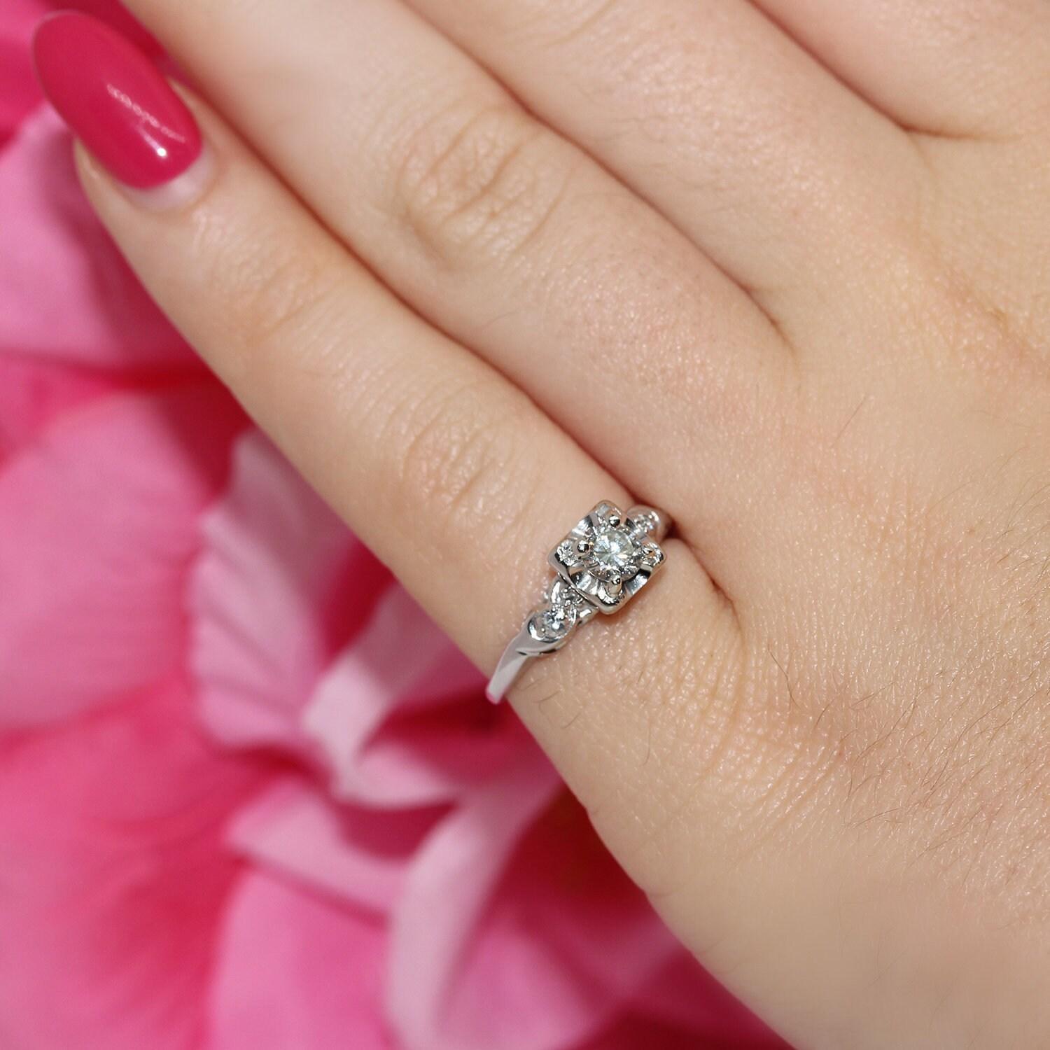 Vintage Solitaire Diamond Ring With Accents 14K White Gold 0.35 CTW SZ 4.75