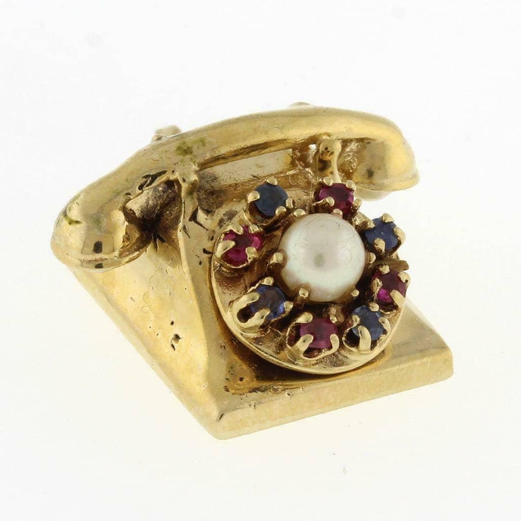 Telephone Charm Pendant Yellow Gold Pearl Gemstone Accents 1" Vintage Estate