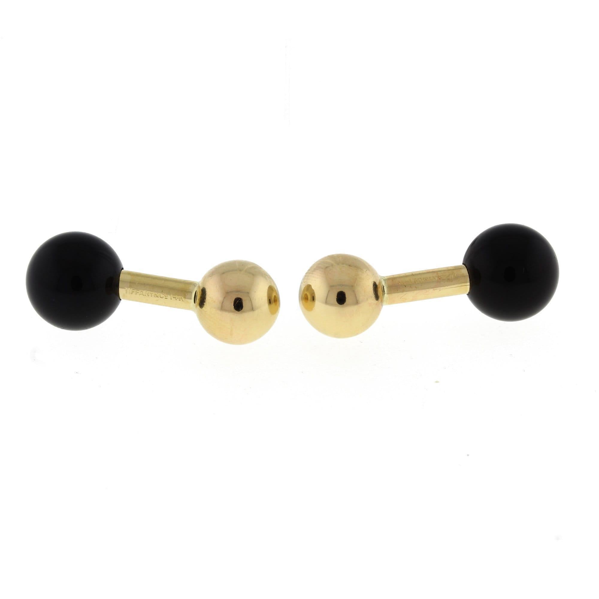 Tiffany & Co. Onyx Cufflinks 14K Yellow Gold Barbell Ball 11 mm Vintage Estate