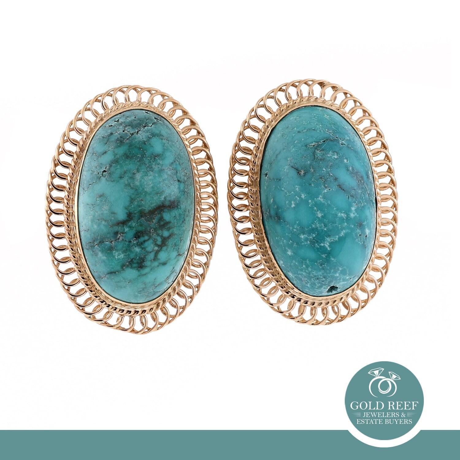 Vintage Turquoise Filigree Oval Earrings Yellow Gold Omega Backs 0.65" Ladies