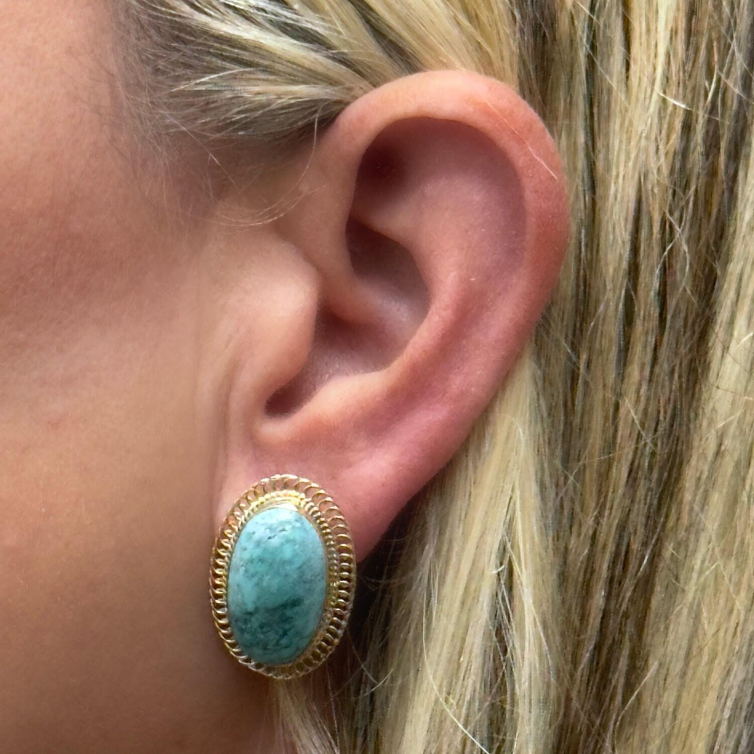 Vintage Turquoise Filigree Oval Earrings Yellow Gold Omega Backs 0.65" Ladies